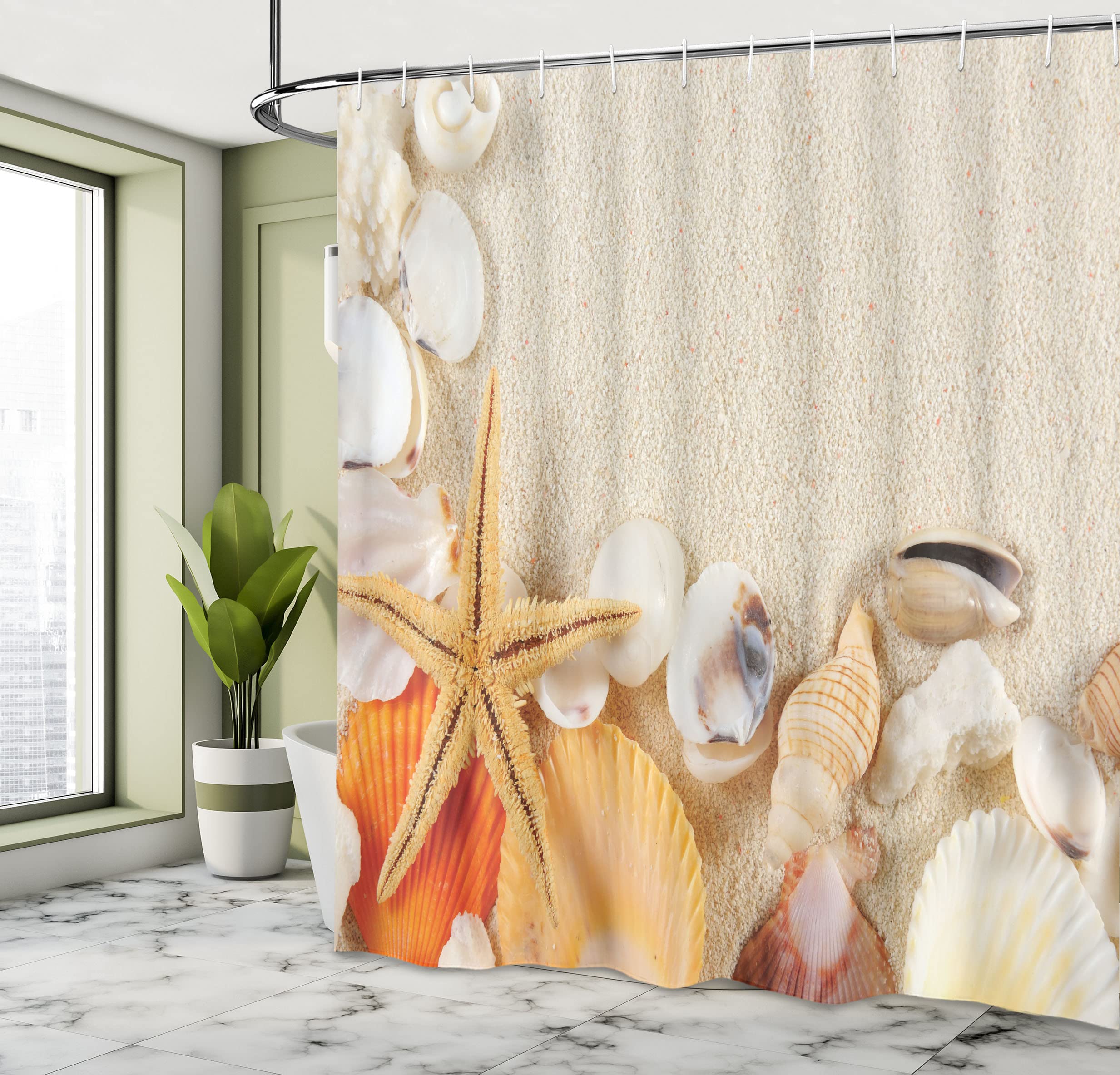 A.Monamour Starfish Seashells On Sandy Beach Blue Sky White Clouds Blue Ocean Nature Landscape Waterproof Long Fabric Polyester Shower Curtain Set With Hooks, No Liner Needed 180x200 Cm / 72"x78