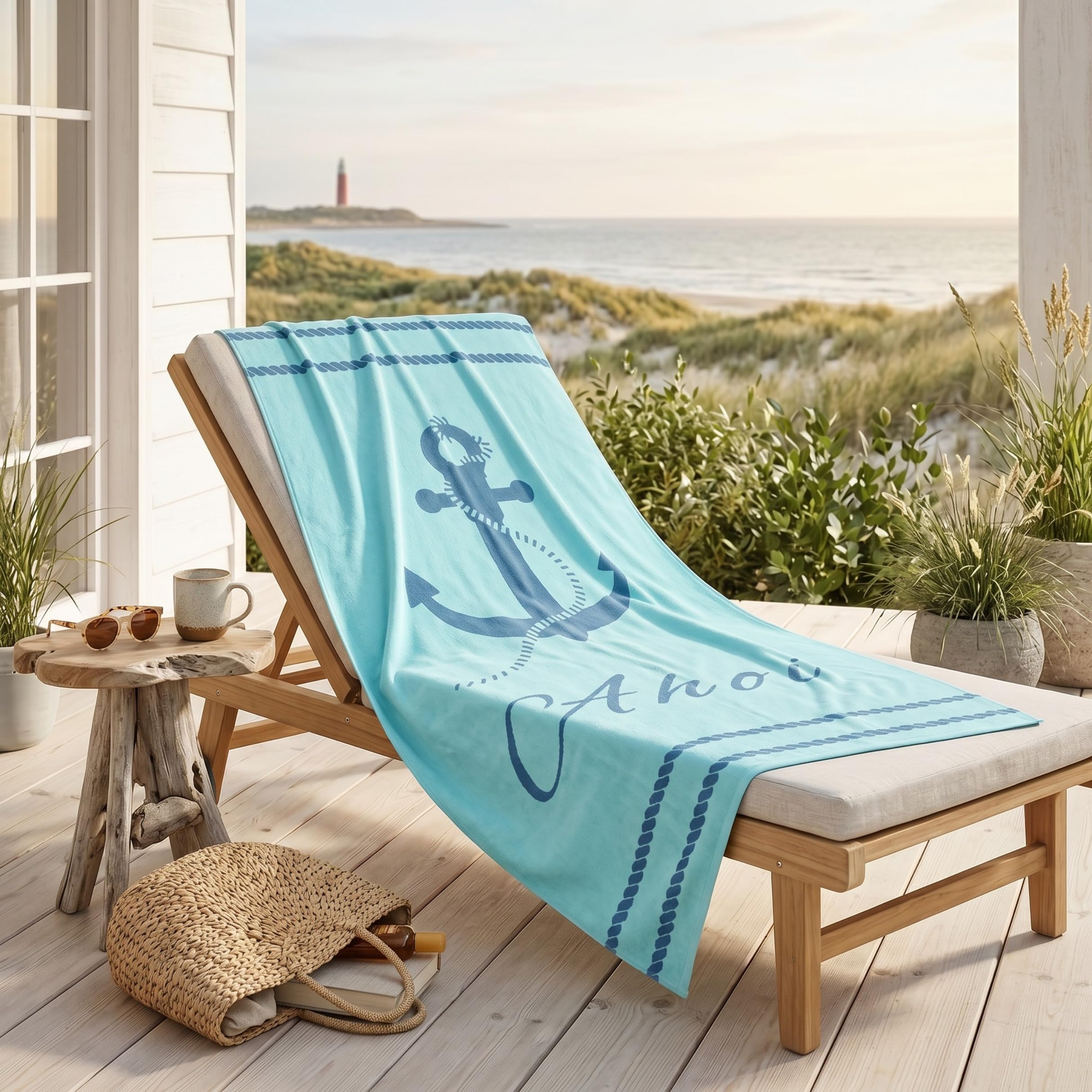 MTOnlinehandel Badetuch Anker-Motiv, 90x180cm, 100% Baumwolle, weiches, saugfähiges XXL Handtuch, Strandtuch, Liegetuch, maritim (AHOI) Küche, Haushalt & Wohnen
