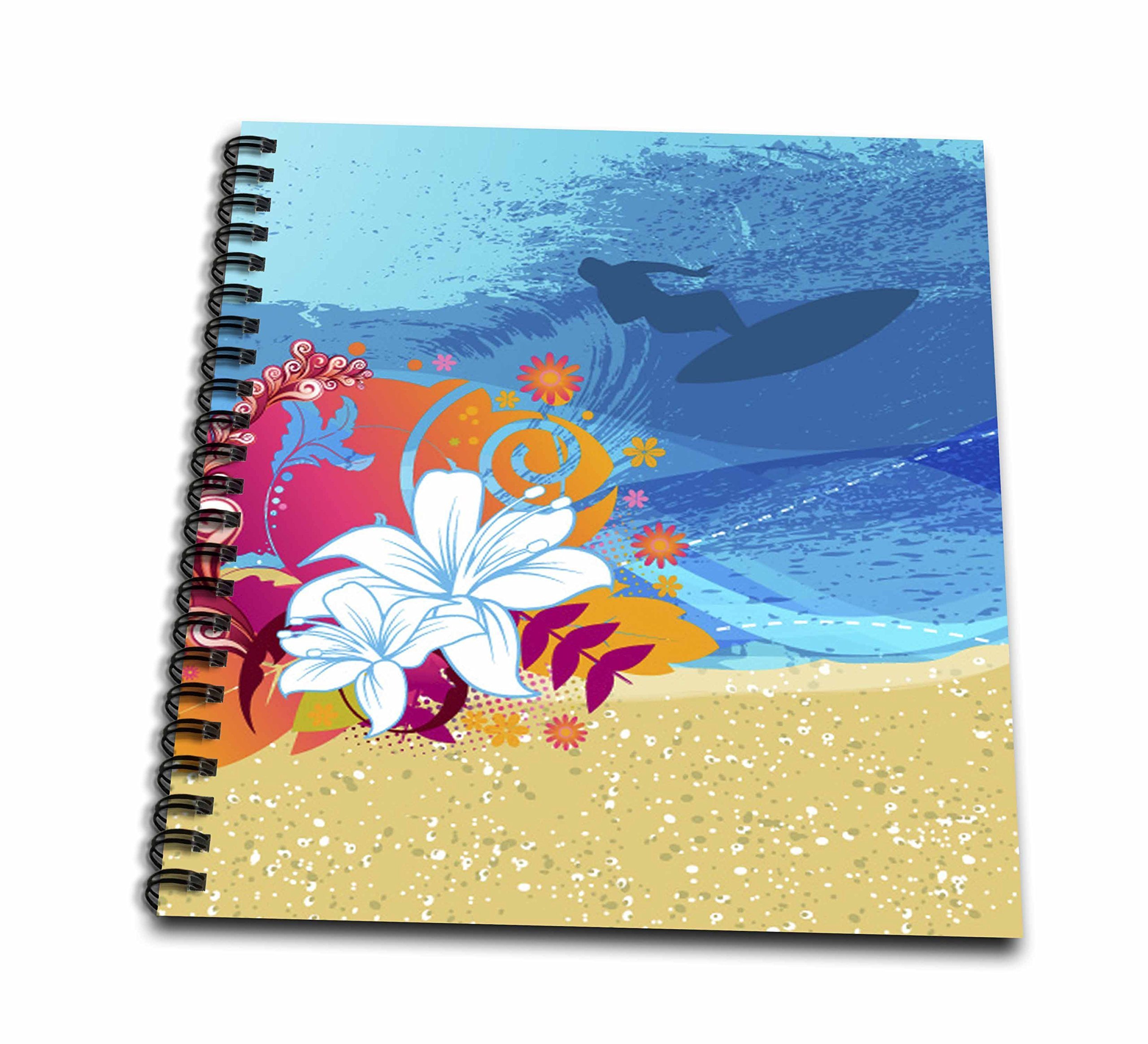 3dRoseSurfer Silhouette Surfing a Wave with Hawaiian Flowers Accent Design Drawing Book, Multi-Colour, 8 x 8-Inch