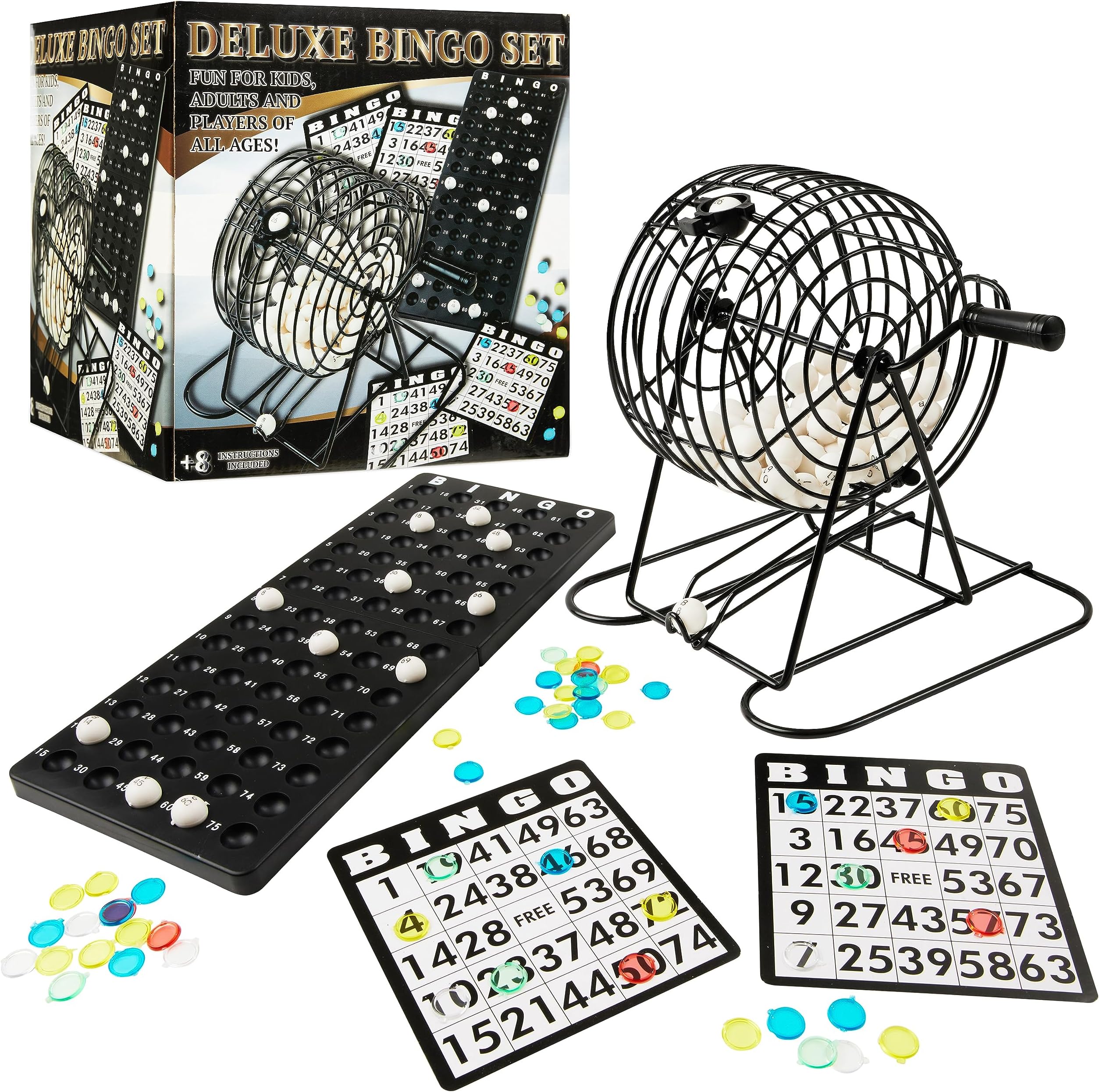 KreativeKraft Bingo Game for Kids and Adults - Family Game with Metal Bingo Lotto Cage, Numbered Balls, Number Board, 18 Bingo Cards, 150 Chips - Fun Traditional Game for Ages 3+