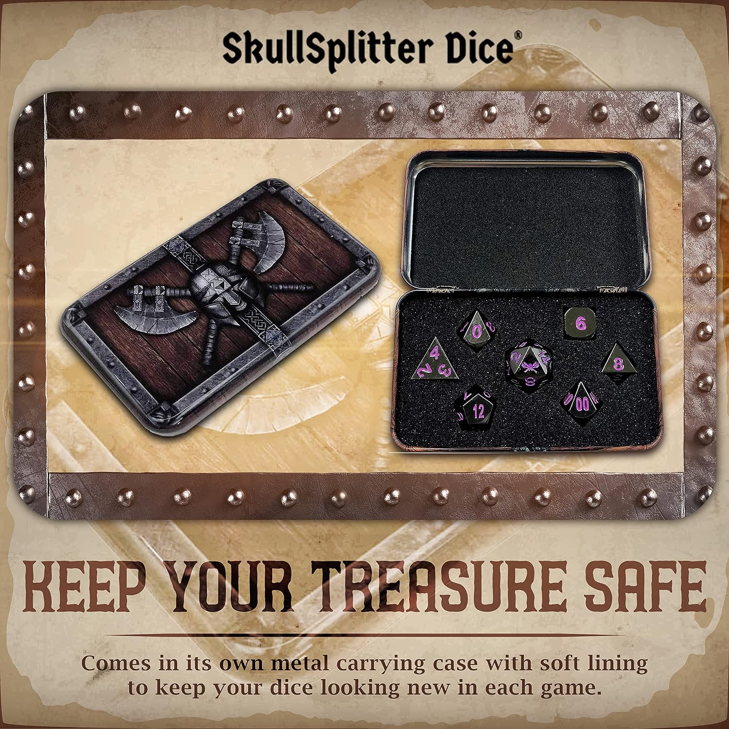 SkullSplitter Dice- Metal Dice Set - Complete Polyhedral Dice Set for RPG DND and Other Table Top Games - Includes Cool Dice Case - Black with Purple Numbering