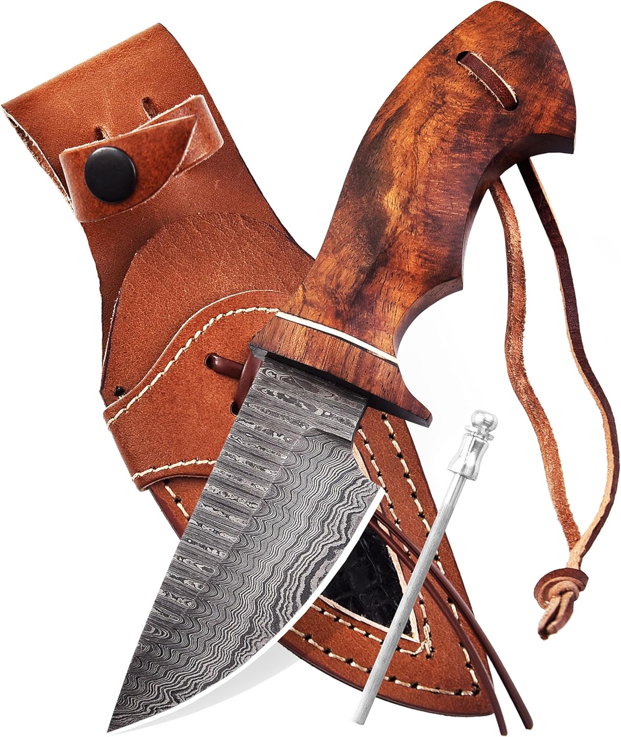 9 Inch Custom Handmade Damascus Steel Hunting Knife with Leather Sheath and Fire Starter | Full Tang Outdoor Survival Knife with Rosewood Handle | Camping, Fishing, Gift (Rose Wood)