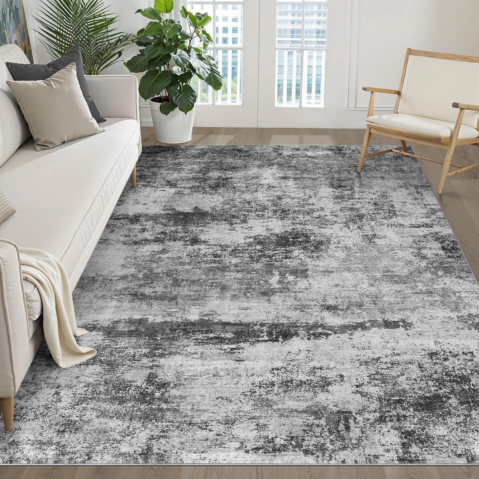 LOONGRUG 6x8 Area Rug Washable Neutral Modern Living Room Rug Black Gray