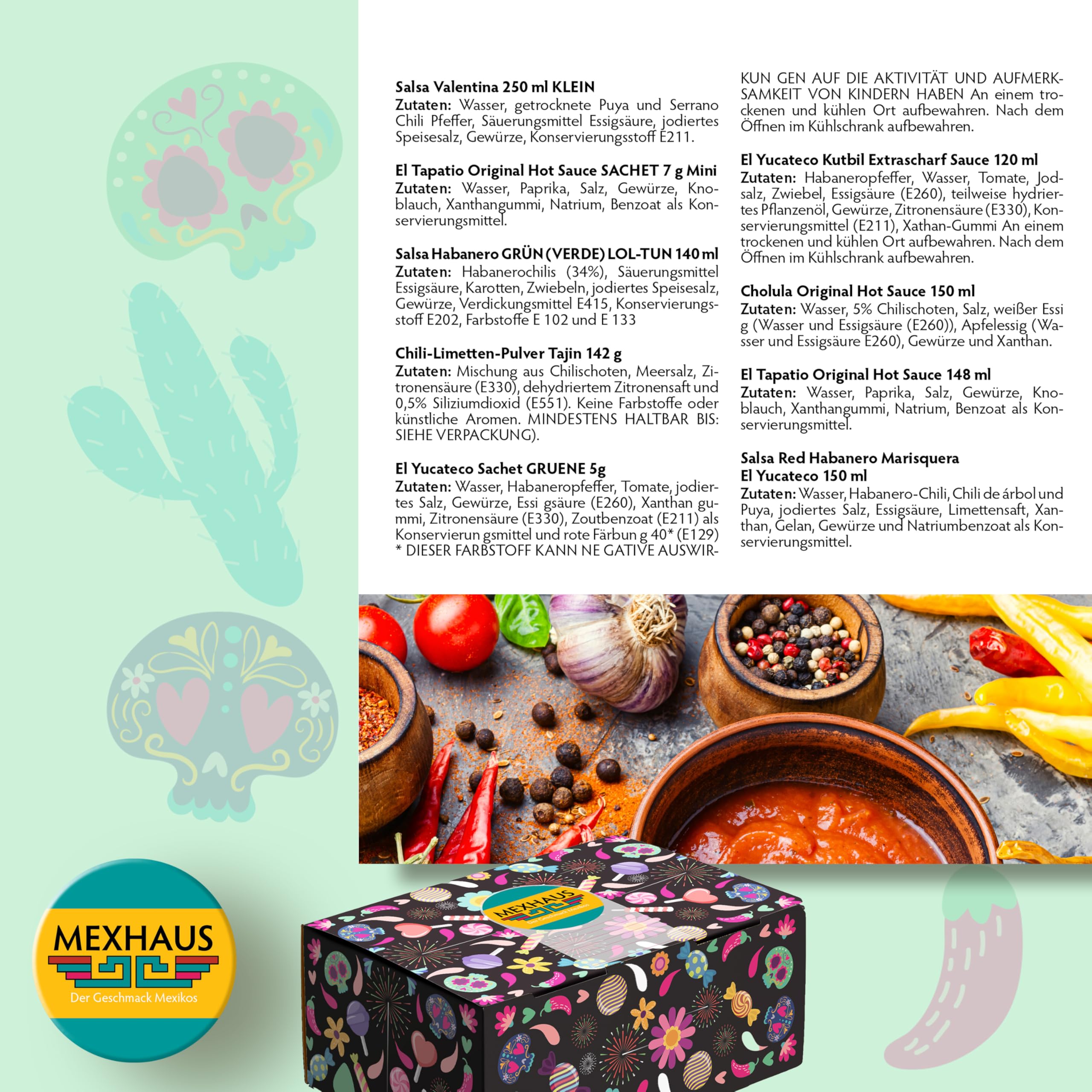 Tajín El Tapatio Valentina El Yucateco Cholula Lol-Tun Scharfe Soßen Set 7 Sorten Mexiko
