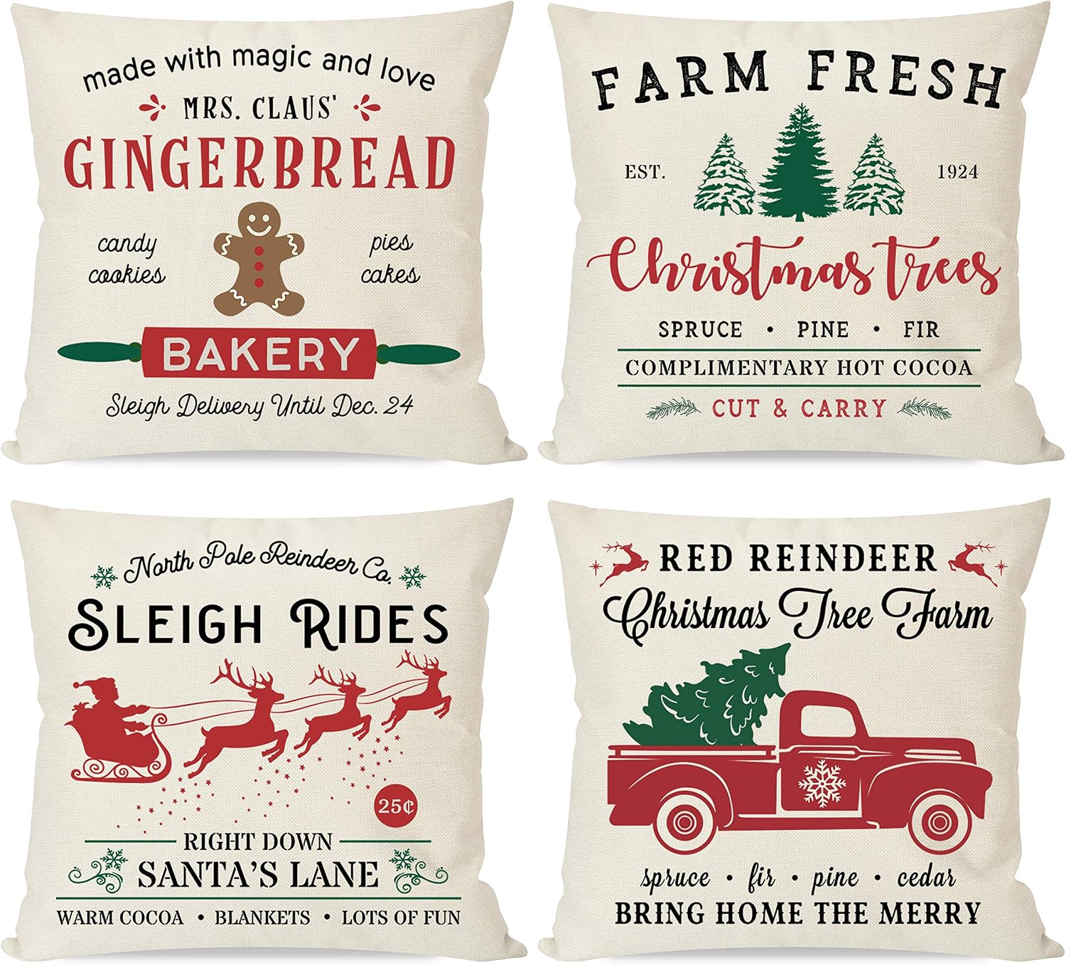 PANDICORN Farmhouse Christmas Pillows Covers 18x18 Set of 4 for Christmas Decorations, Red and Green Christmas Trees Truck, Christmas Decor Throw Pillow Cases for Home Couch Outdoor Indoor