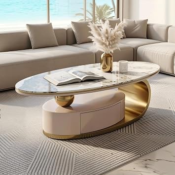 Oval Marble Coffee Table Modern Gold Living Room Table with Drawer, 51" Sintered Stone Top & Matte Gold Stainless Steel Base for Living Room, Office