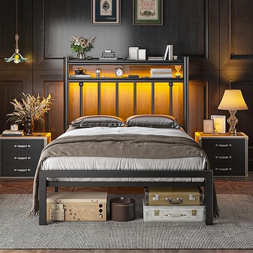 Miniatura 13 de Base de cama de metal Queen con cabecera de almacenamiento de 2 niveles, marco de cama tamaño Queen con luz LED, base de colchón victoriana debajo