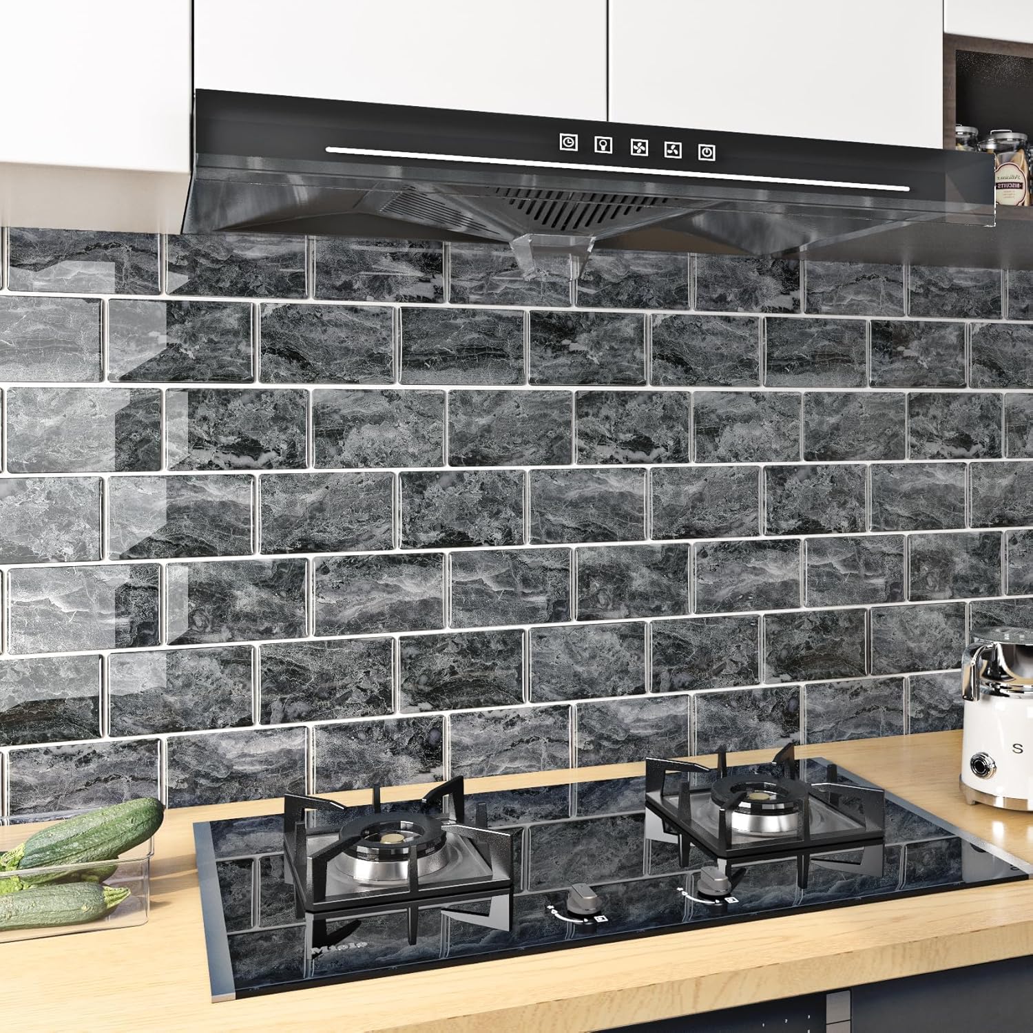 FunStick 15 Tiles Marble Peel and Stick Backsplash Tile Stickers for Kitchen Bathroom Wall Tiles 12"x12" Grey Peel and Stick Subway Tile Backsplash Removable Stick on Back Splash for Kitchen Fireplace