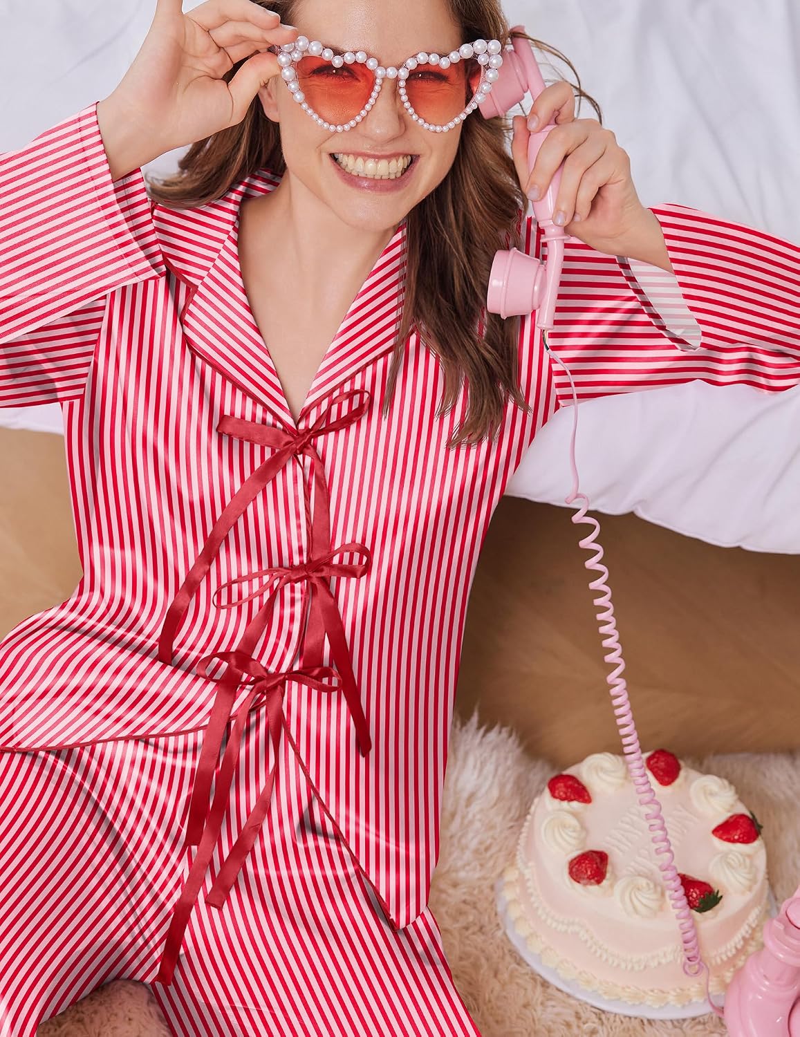 Ekouaer Womens Satin Pajamas Set Bow Tie Front Pjs Long Sleeve Lounge sets image 5