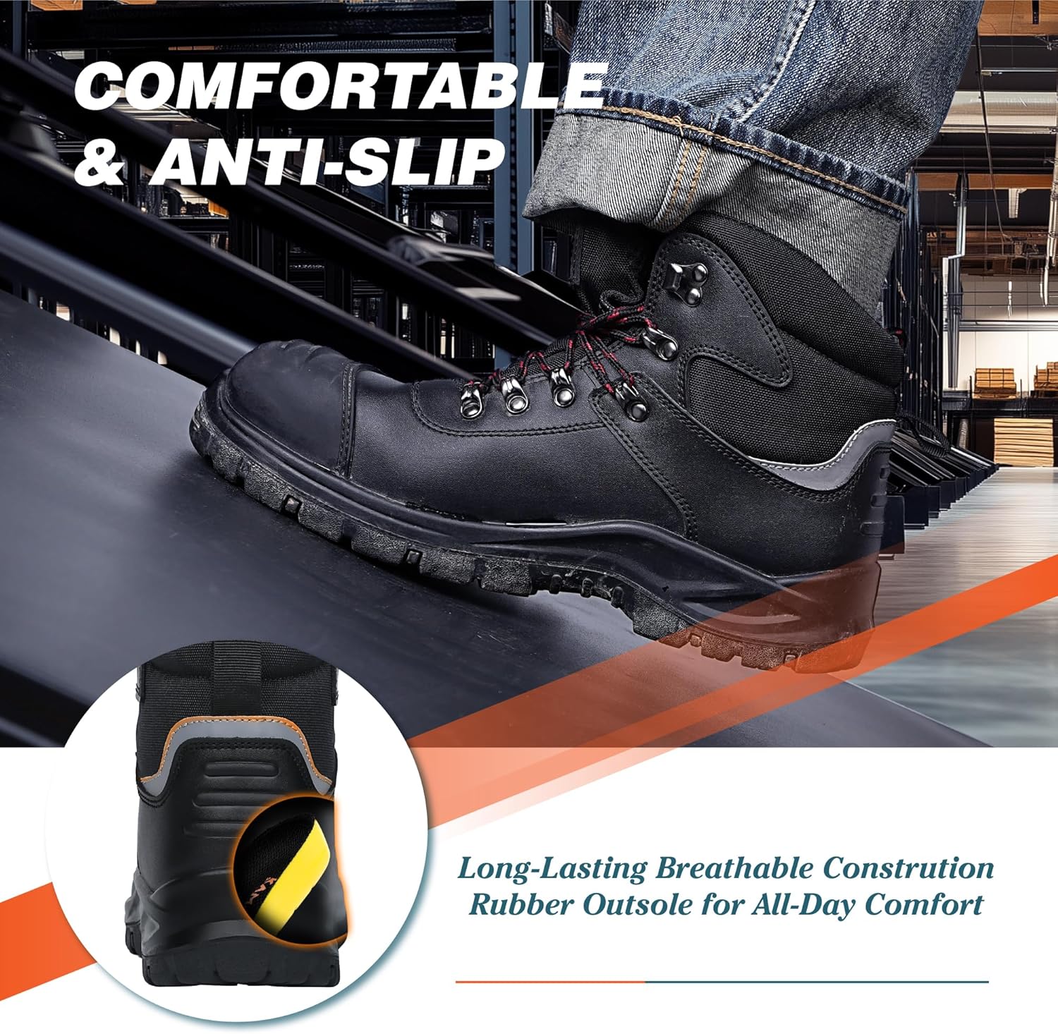 Mens Steel Toe Work Boots, Waterproof Puncture Resistant, Anti-Slip, Shock-Absorbing, Comfortable Heavy Duty Durable Leather Industrial Construction Safety Boots - Image 3