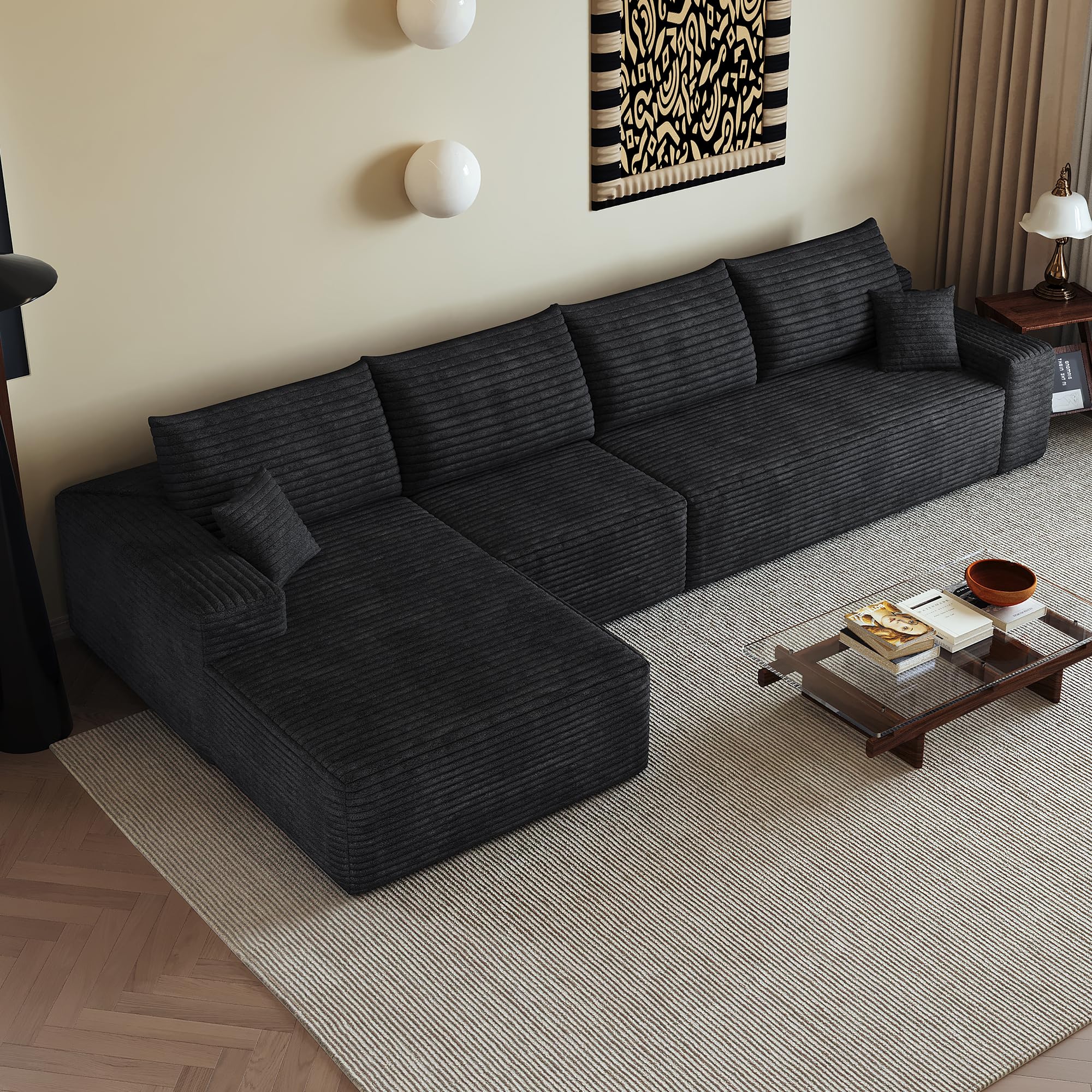 Canapé d'angle Convertible 4 Places 340cm Canapé Modulable - Sofa L Cloud en Velours Côtelé Compressé sous Vide - Grand Assise Profonde pour Salon, Chambre, Appartement - sans Outil
