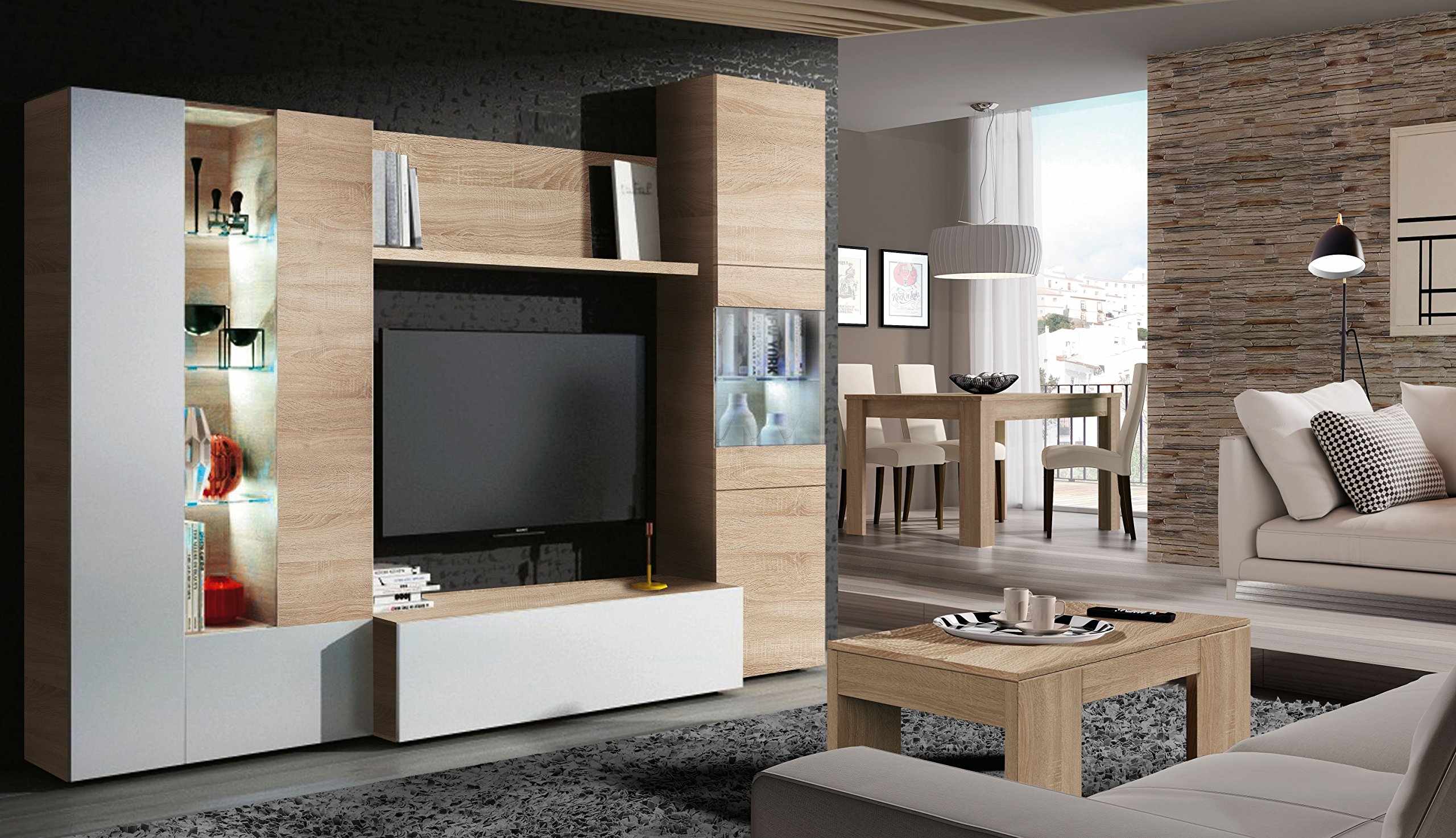 Habitdesign Salón Compacto 260, Mueble televisión, Modelo Essential, Acabado Roble Canadian y Blanco Brillo, Medidas: 185 cm (Alto) x 260 cm (Ancho) x 42 cm (Fondo)
