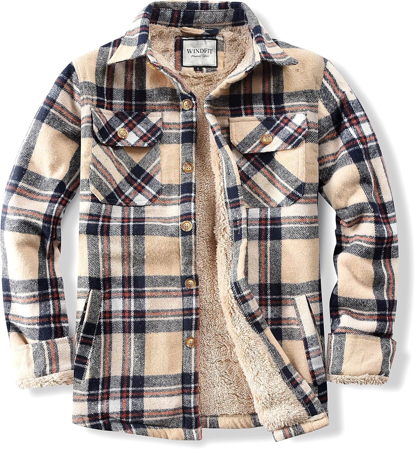 WINDFIT Men's Cotton Sherpa Lined Button Down Flannel Shirt Jacket Plaid Soft Outdoor Flannel Jacket Shirt