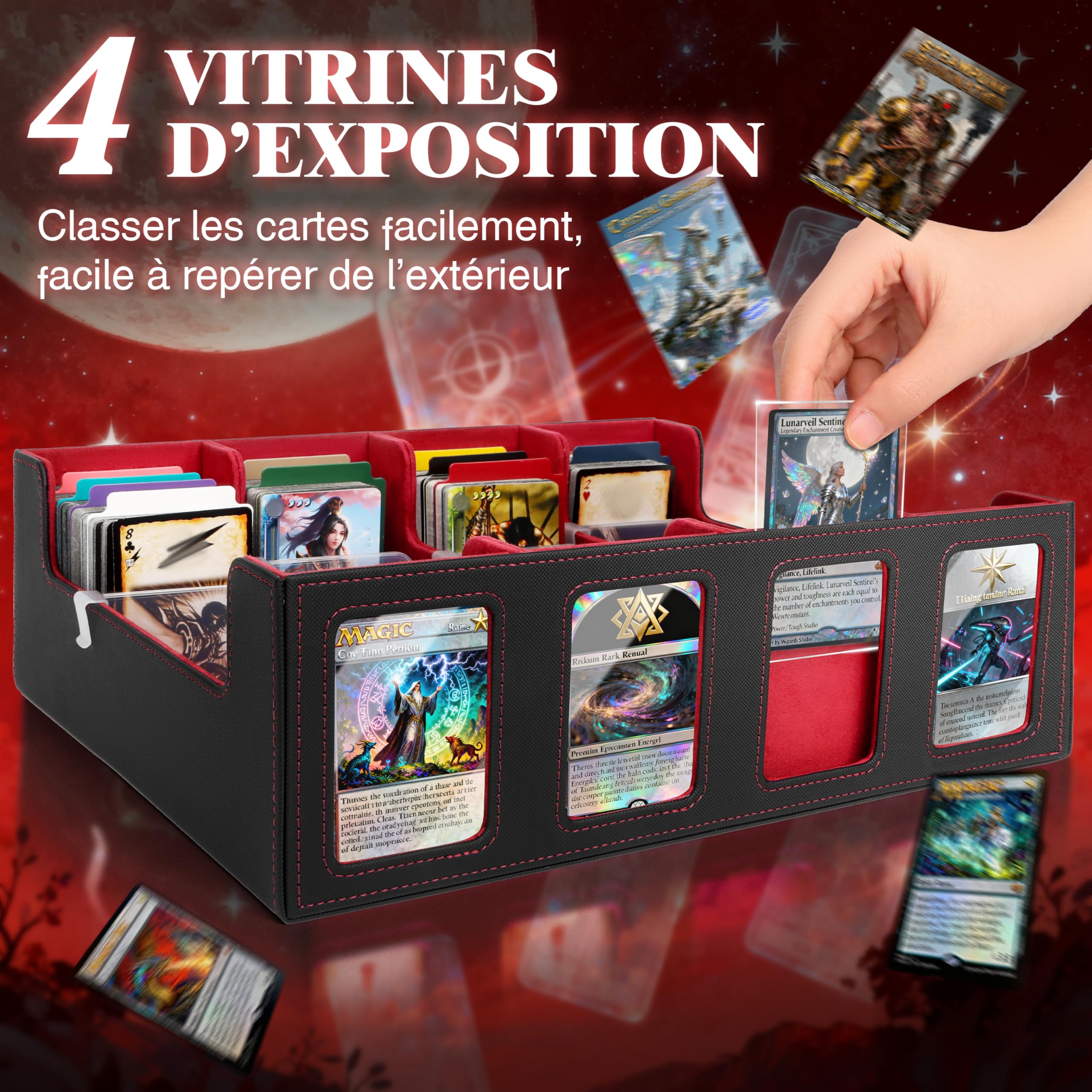 Charmofun Boîte Rangement Carte, Boîte à Cartes pour Plus de 2400+ Cartes Avec 10 Séparateurs, 4 Blocage et Plateau à Dés, Boîte à Rabat Magnétique Avec Cuir Pu et Poignée (Rouge, 2400+)