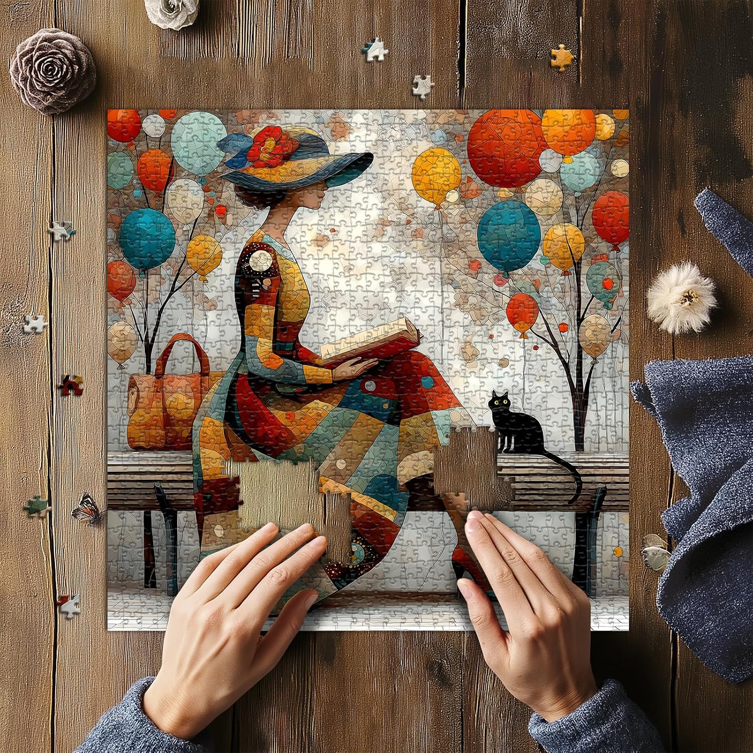 Impossible Puzzles for Adults 1000 Pieces, Elegant Woman Reading Book Jigsaw Puzzles, Black Cat Balloon Puzzle, Beauty Lady Home Wall Decor