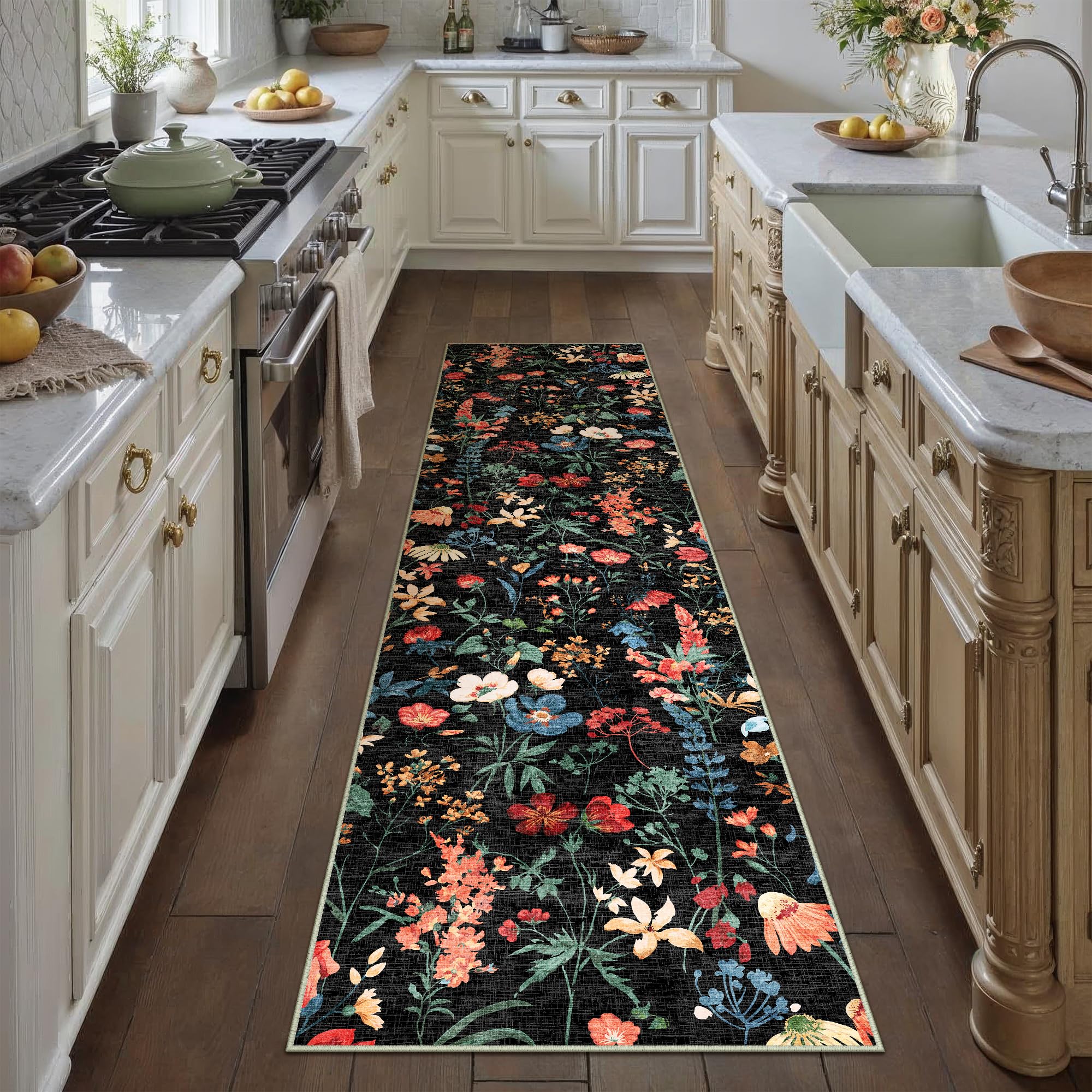 PureCozy Floral Runner Rug 3x12 Washable Hallway Long Black Bedroom Carpet Non Slip Indoor Boho Kitchen Low Pile Accent Rug Lightweight Soft for