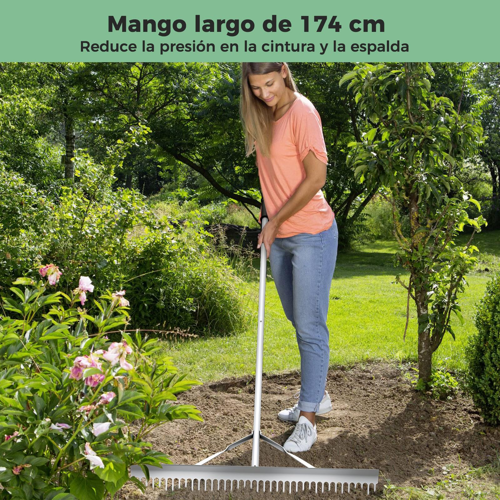 COSTWAY Rastrillo de Jardin, Rastrillo Jardin con Mango de 174 cm, 36 Púas, Rastrillo De Aluminio Cuidado del Césped, Jardín, Lago, Estanque, Playa