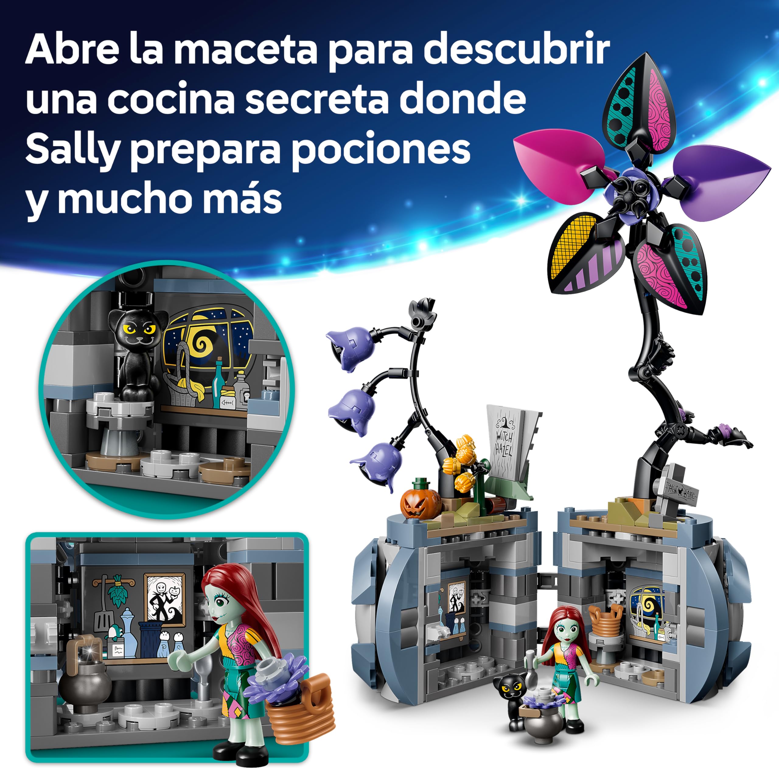 LEGO | Disney Maceta de Sally - Decoración del Dormitorio con 2 Flores Artificiales, Mini Muñeca y Gato Negro de Juguete - Regalo para Niñas de 9+ Años y Fans de Pesadilla Antes de Navidad - 43288