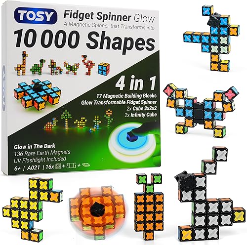 Vista 19 de TOSY Spinner Fidget Magnético que Brilla - 16 bloques, juguete 3 en 1: Spinner Fidget Transformable, cubo infinito/rompecabezas, brillante, rellenos