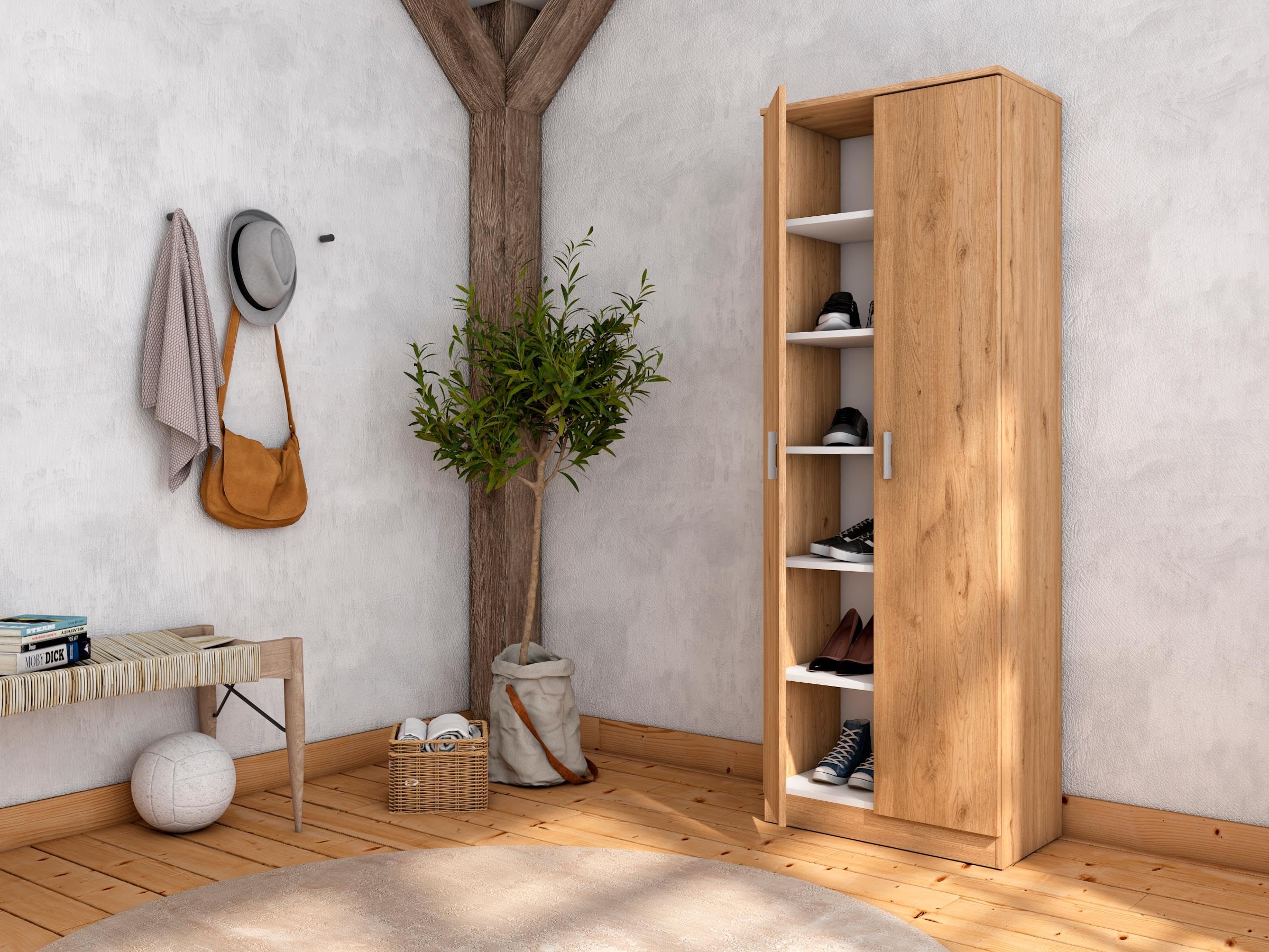 Skraut Home Armario Zapatero Alto 2 Puertas 6 Estantes Color Roble Mueble Auxiliar Pasillo Habitación 171x60x35 Cm