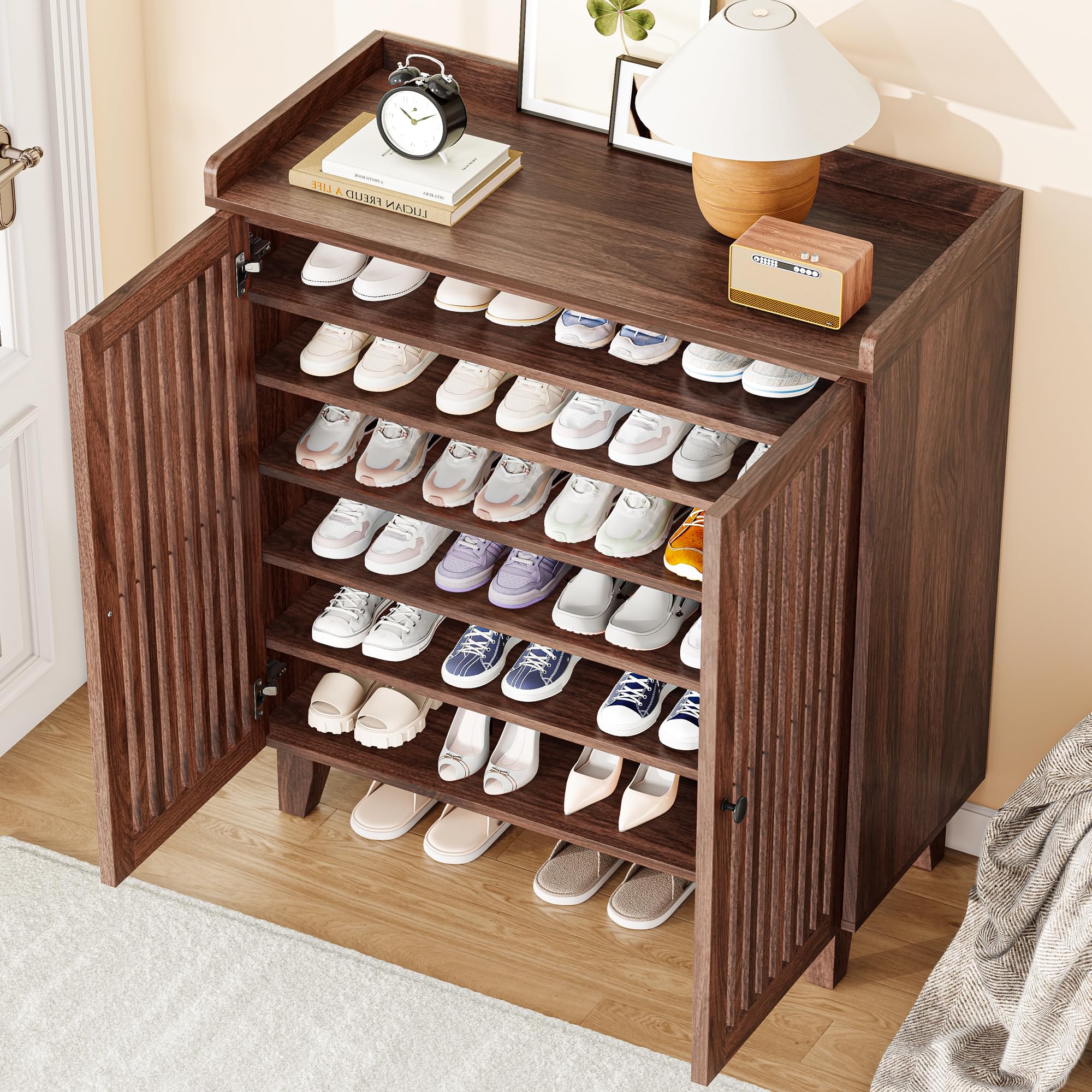 IRONCK Shoe Cabinet with Slatted Doors, 6-Tier Shoe Storage Cabinet, Walnut — product photo