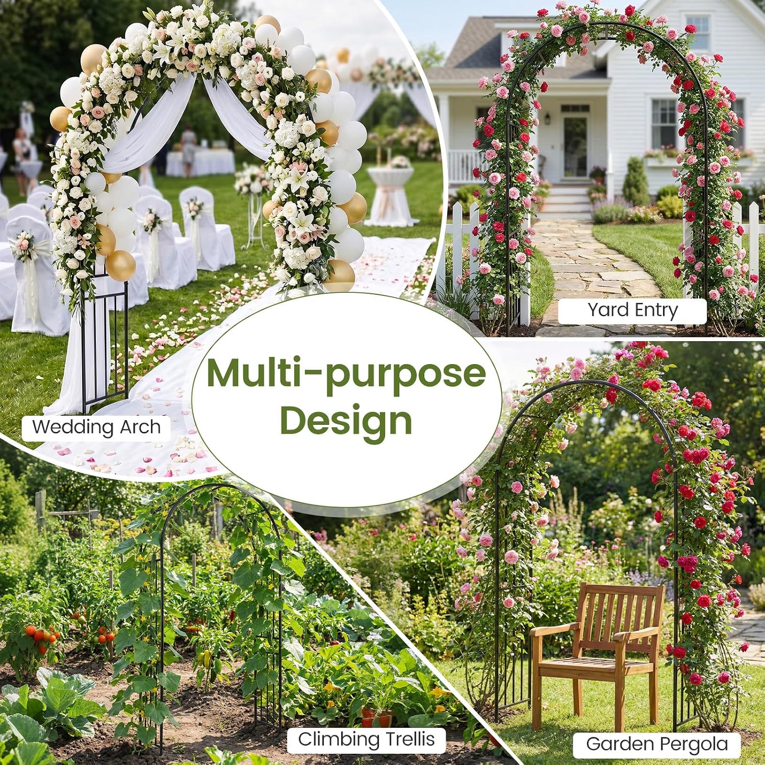 Giantex Garden Arch Outdoor Metal Arbor Trellis, 86'' Heavy Duty Steel Pergola Arch with Ground Stakes for Climbing Plants, Wedding, Party & Backyard Decoration (1 Pack)