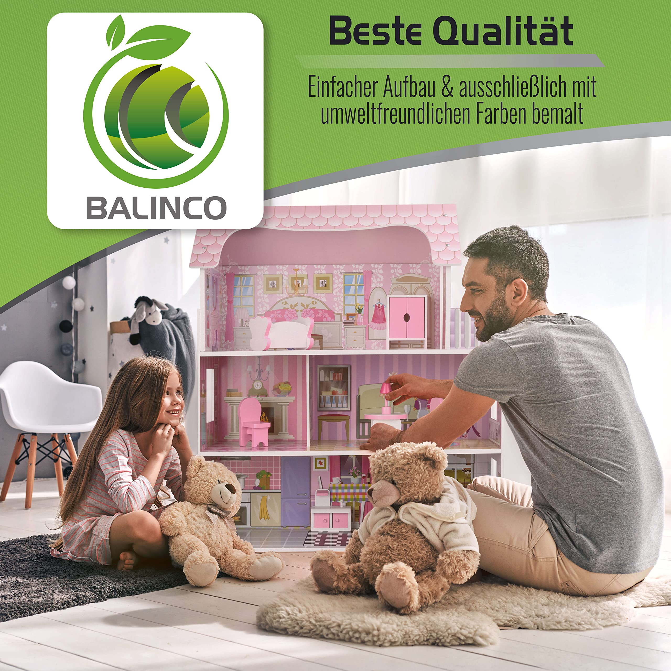 Balinco PUPPENHAUS Holz, 3 Plantas, 5 Habitaciones compuestas de salón & Dormitorio, balcón, Cocina, baño & Aseo. Incl. Muebles en Miniatura, Juguete de Madera a Partir de 3 años
