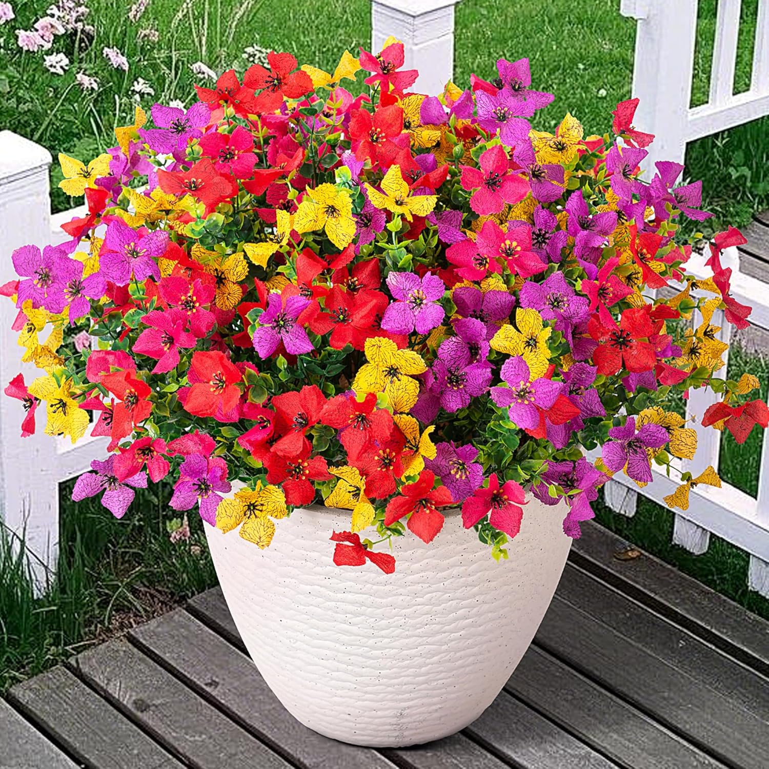INXUGAO Artificial Faux Plants Flowers Outdoor Spring Summer Decoration, 12 Bundles Fake Silk Colorful Daisy Eucalyptus Realistic UV Resistant for Outside Home Planter Porch Yard Decor (Mix)