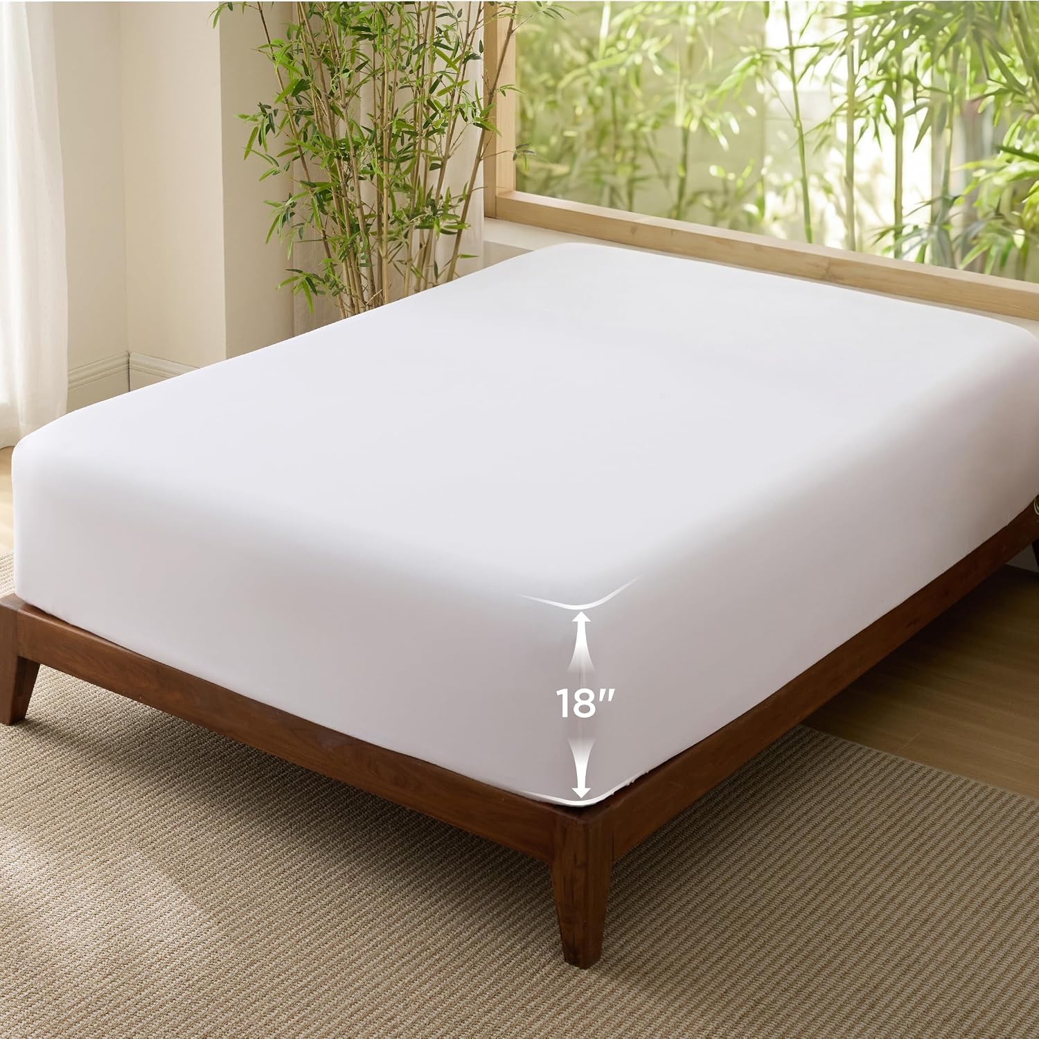 Bedsure Queen Fitted Sheet Only, 100% Rayon Derived from Bamboo, Breathable & Soft, PureWoven Cooling Bottom Sheet for Hot Sleepers, Deep Pocket Up to 18", with 4 Elastic Corner Straps, White