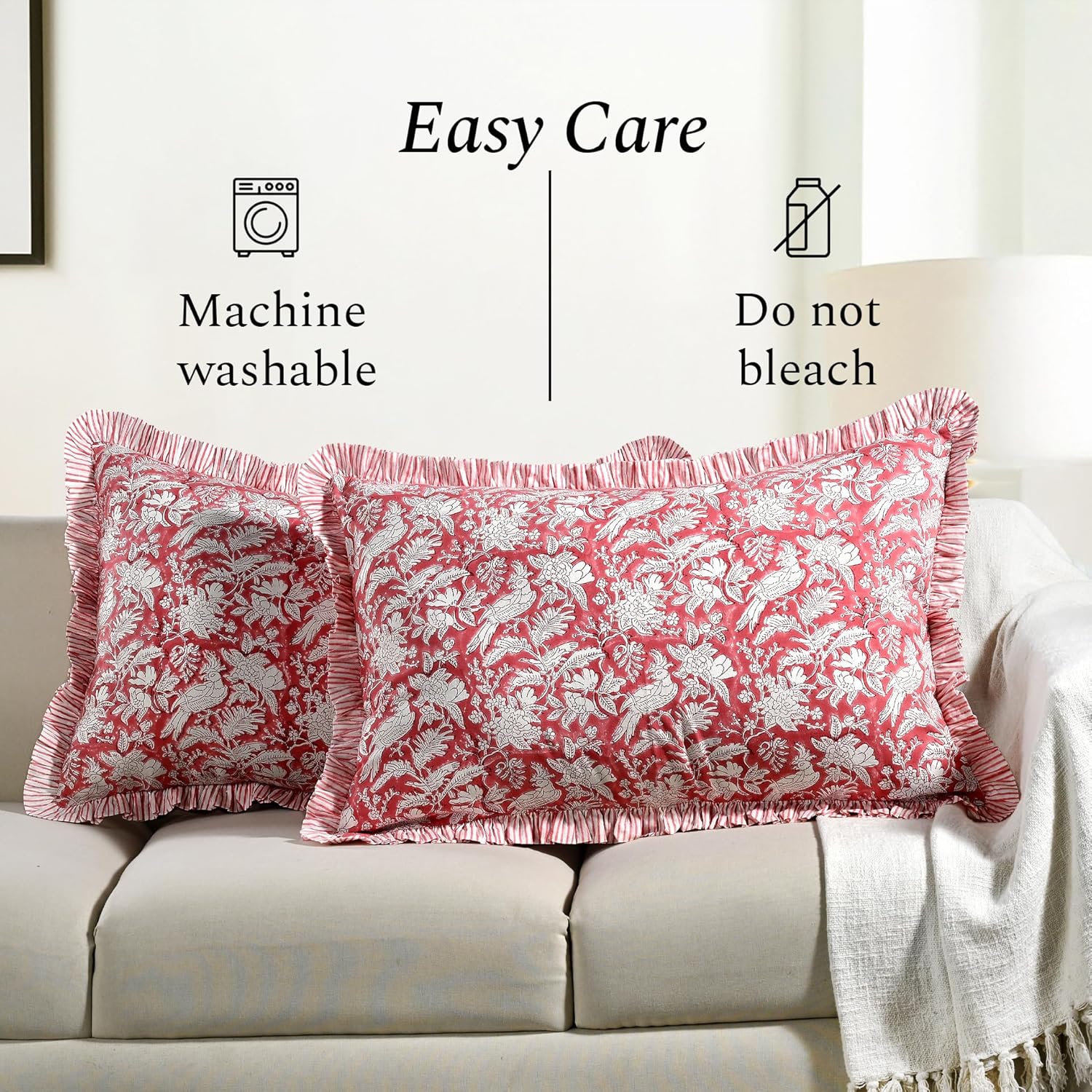 CPC Ruby Red 100% Cotton Block Print Ruffle Sham Cover 20X36 inch Pack of 2, Handmade Boho Floral Pillowcase, Soft Decorative King Bed Pillow Cover for Bedroom Décor