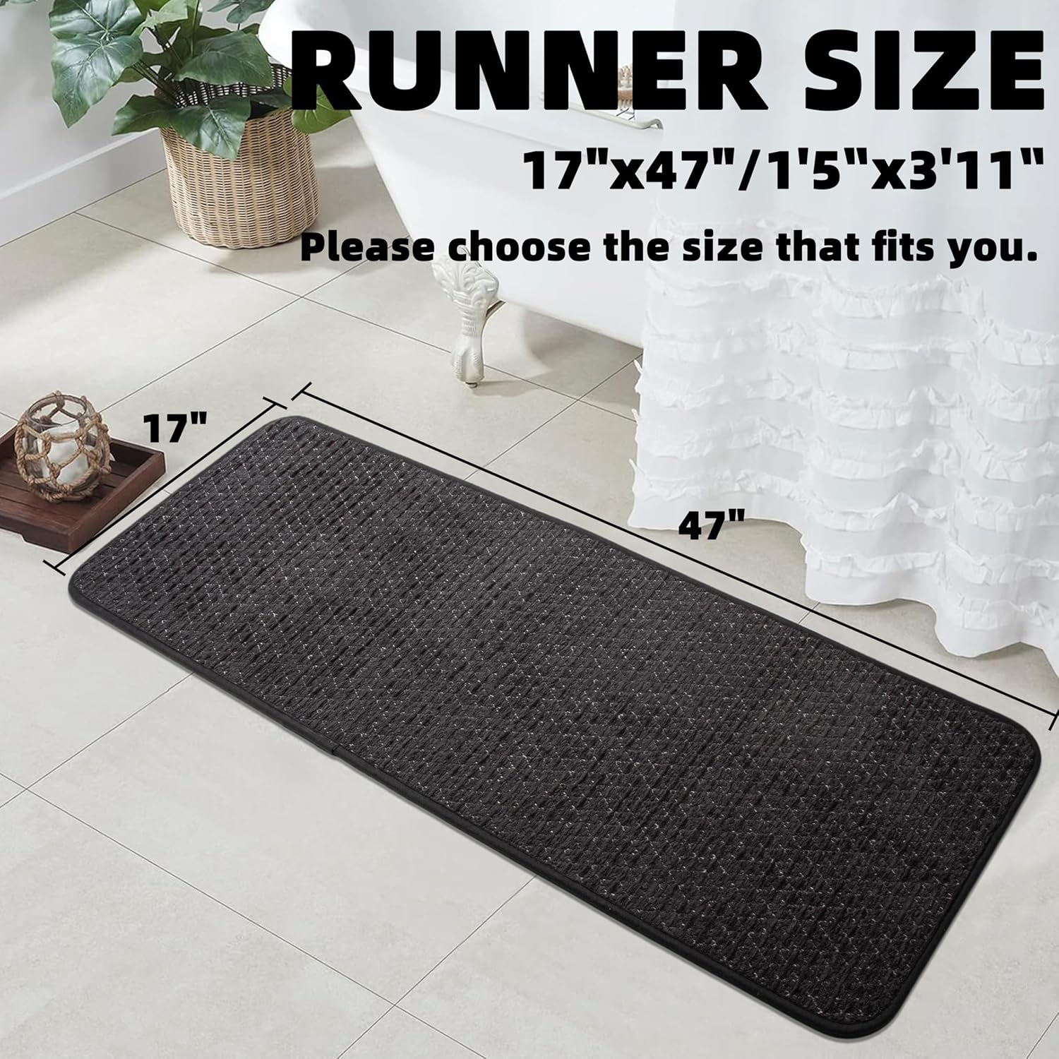 Black Bathroom Runner Rugs Non Slip Absorbent Quick Dry Thin Bath Mat with Rubber Backing, Shower Mats Fit Under Door Floor Bathtub, Easy Care, Machine Washable, 17"x 47", Black
