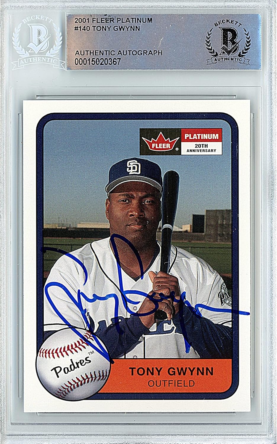 Tony Gwynn Autographed 2001 Fleer Platinum #140 Baseball Trading Card Slab Beckett BAS Authentic Slabbed COA Played For San Diego Padres MLB