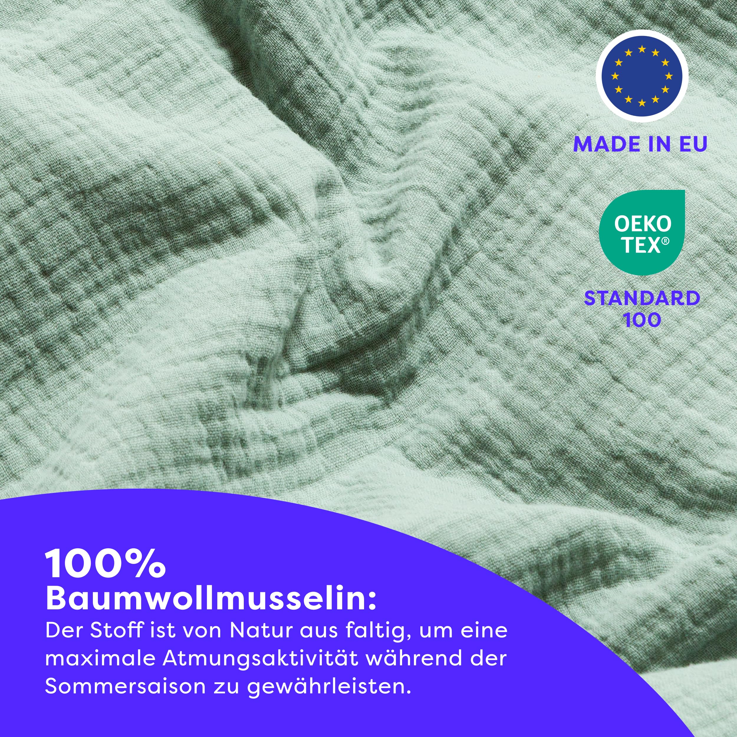 Wolkenfeld Premium Musselin Bettwäsche 135x200 mit Reißverschluss – Aus 100 % Baumwolle – Atmungsaktiv & Weich – Bettwäsche Musselin mit 80x80 Kissenbezug Grün