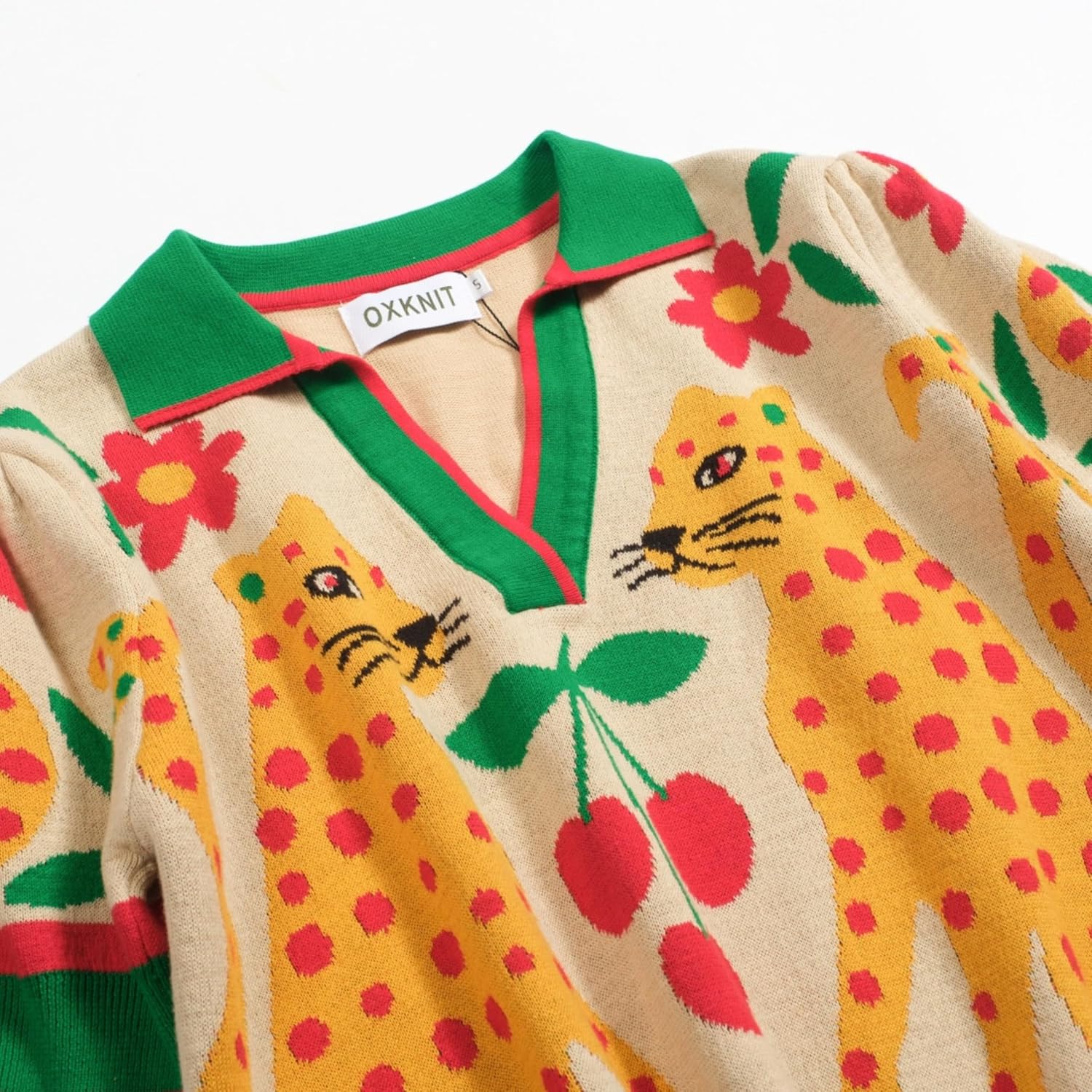 OXKNIT Women's Knitted Polo Shirts Short Sleeve, Retro Leopard Pattern Beige Casual Cotton V-Neck Pull-on Tops