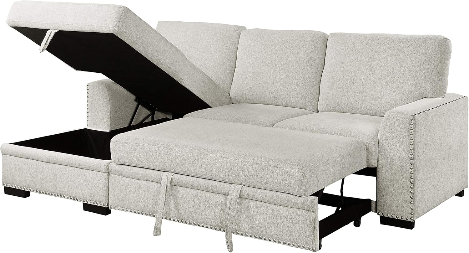 Lexicon Mid Century Modern Sectional Sleeper Sofa Bed Couch with Storage Chaise, Sectional Sofa Pull Out Couch Bed, Sectional Couch Lounge Sofa for Living Room Apartment, Left Side Chaise, Beige