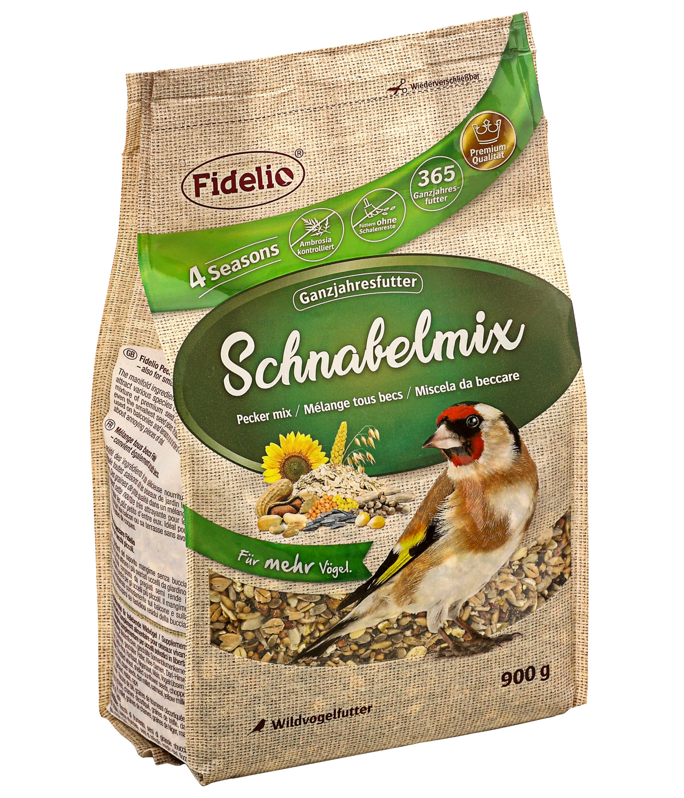 Fidelio Karma dla dzikich ptaków, mieszanka dziobów, całoroczna, bogata w białko/energię, wysokiej jakości karma dla dzikich ptaków, 5 x 900 g (4,5 kg)