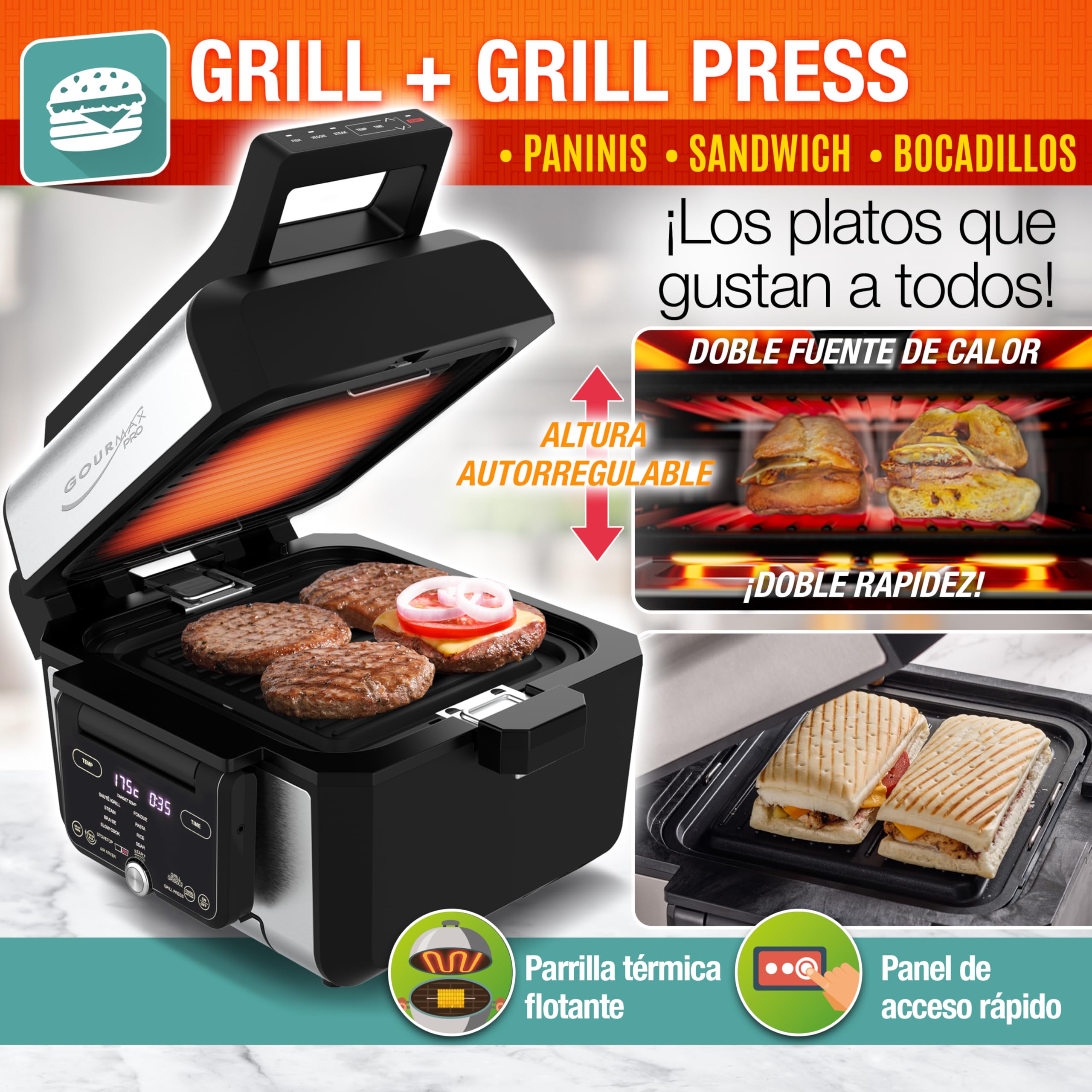 GOURMAX PRO Multifunción: Air Fryer + Horno + Plancha + Parrilla + Grill-Press + Olla 5.6L + Tapa vidrio. 2 zonas XXL independientes, 2 recetas a la vez: 16 Menús. Recetario. Ahorra Energía