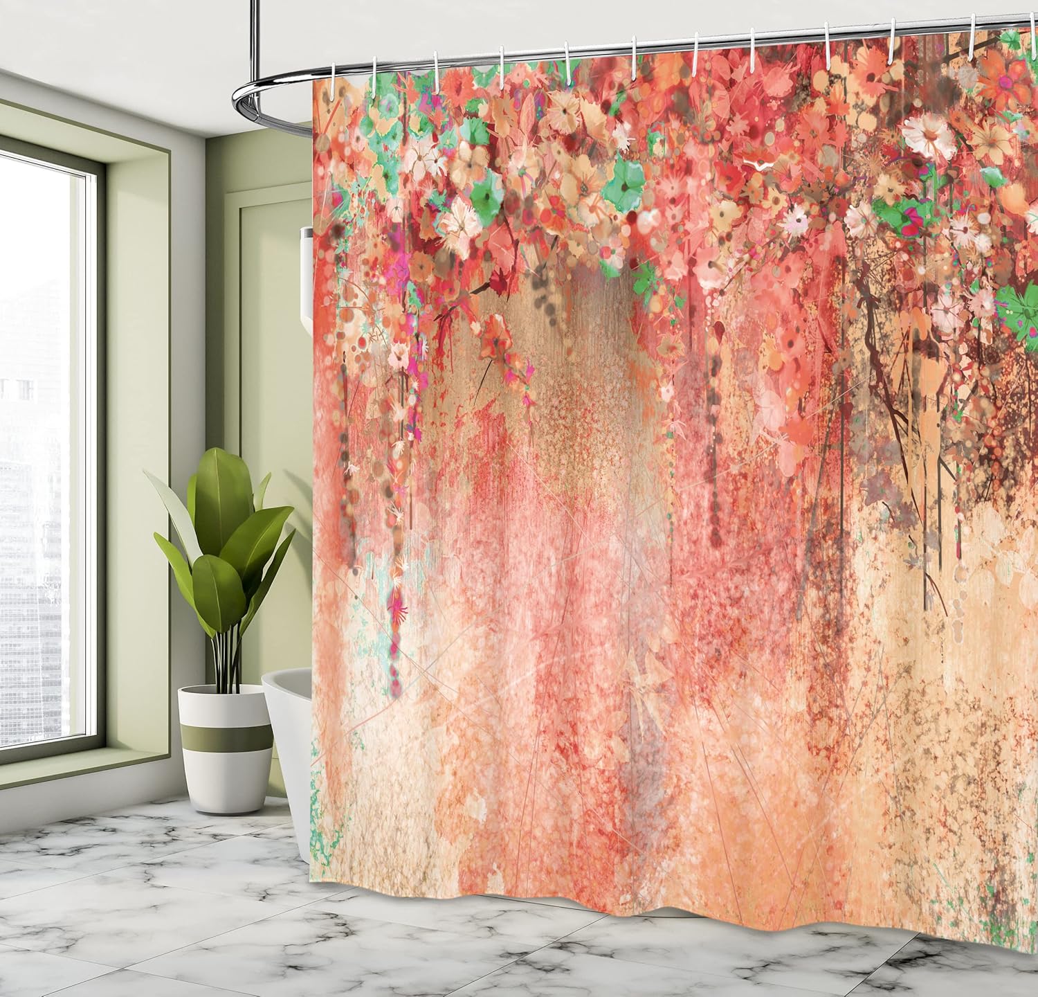 Ambesonne Flower Shower Curtain, Abstract Herbs Alternative Medicine Blossoms Ivy Back Florets Shrubs Design, Cloth Fabric Bathroom Decor Set with Hooks, 69" W x 70" L, Dark Peach