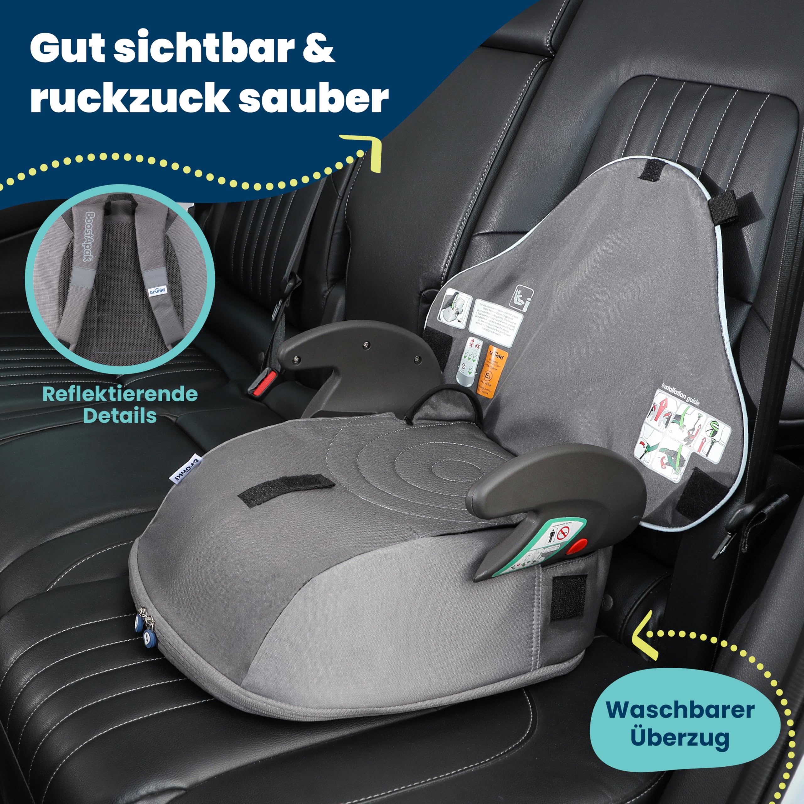 Trunki BoostApak 2-in-1 Kindersitz & Rucksack i-Size Kindersitzerhöhung 8-Liter Stauraum Handgepäck Kinderrucksack Sitzerhöhung Auto Grau