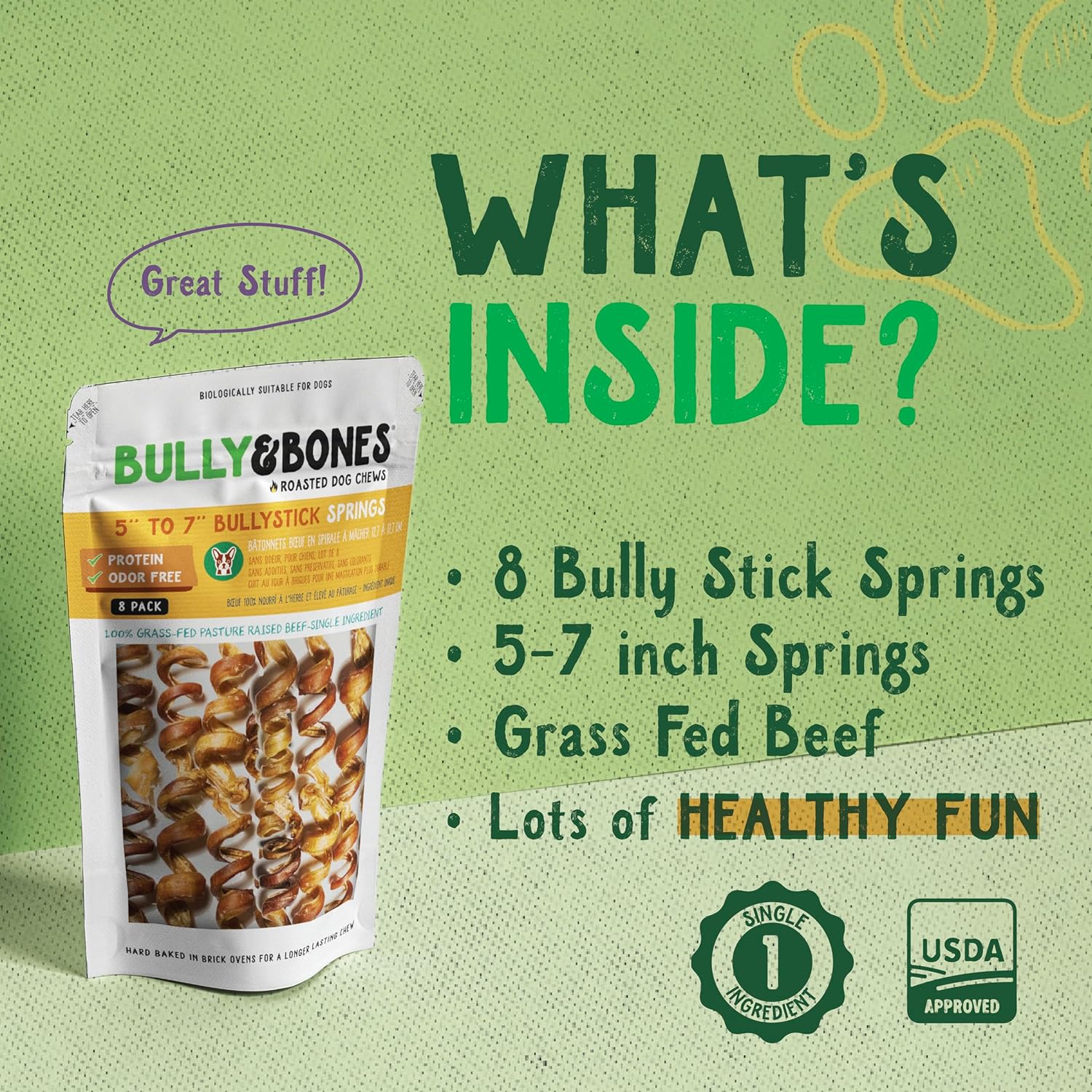 Bully & Bones 5 to 7 Inch Odor Free Bully Stick Springs (8 Pack) for Dogs. Healthy Single-Ingredient Beef chew Treats Crafted to Stimulate Your Dog’s Taste Buds. 5” to 7” Bully Stick Springs.