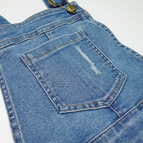 Miniatura 3 de KIDSCOOL SPACE Overol de mezclilla rasgado para niñas, 3 botones, banda elástica rasgada en el interior