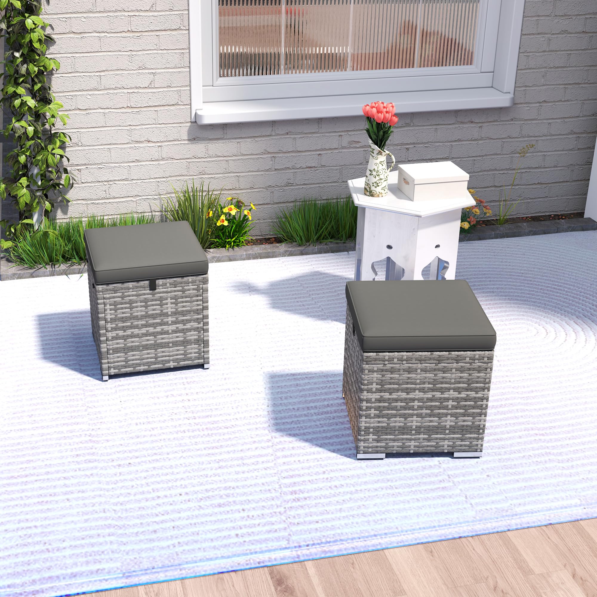 Outsunny Lot de 2 tabourets en rotin Tabouret de jardin avec aspect rotin Coussin de rangement Couvercle 120 kg résistant aux intempéries Tabouret de pied Meuble de jardin pour extérieur Jardin