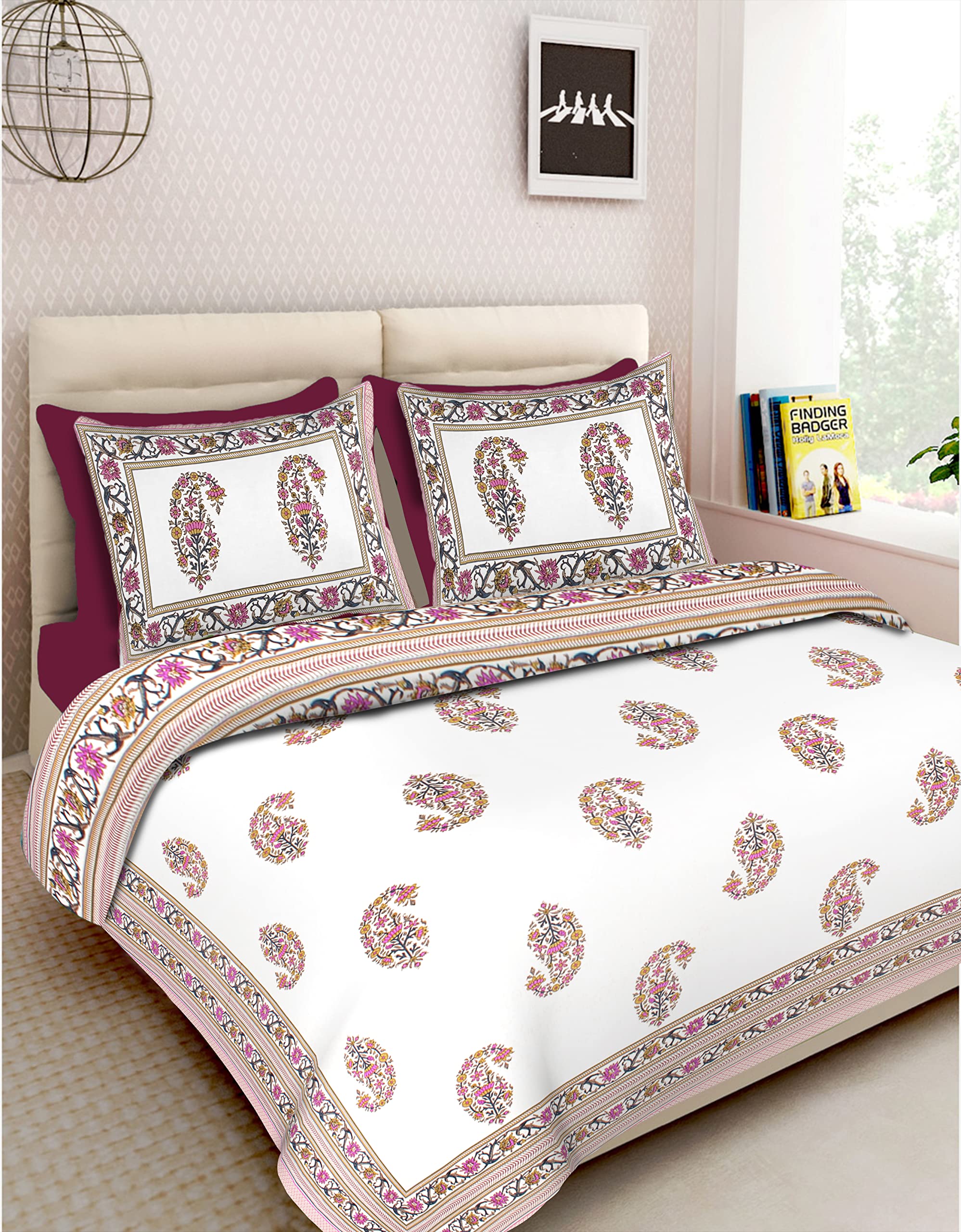 RHF 100% Cotton Printed King Size Double Bedsheet with Two Pillow Cover (100 X106 Inches) Pink-picture-14