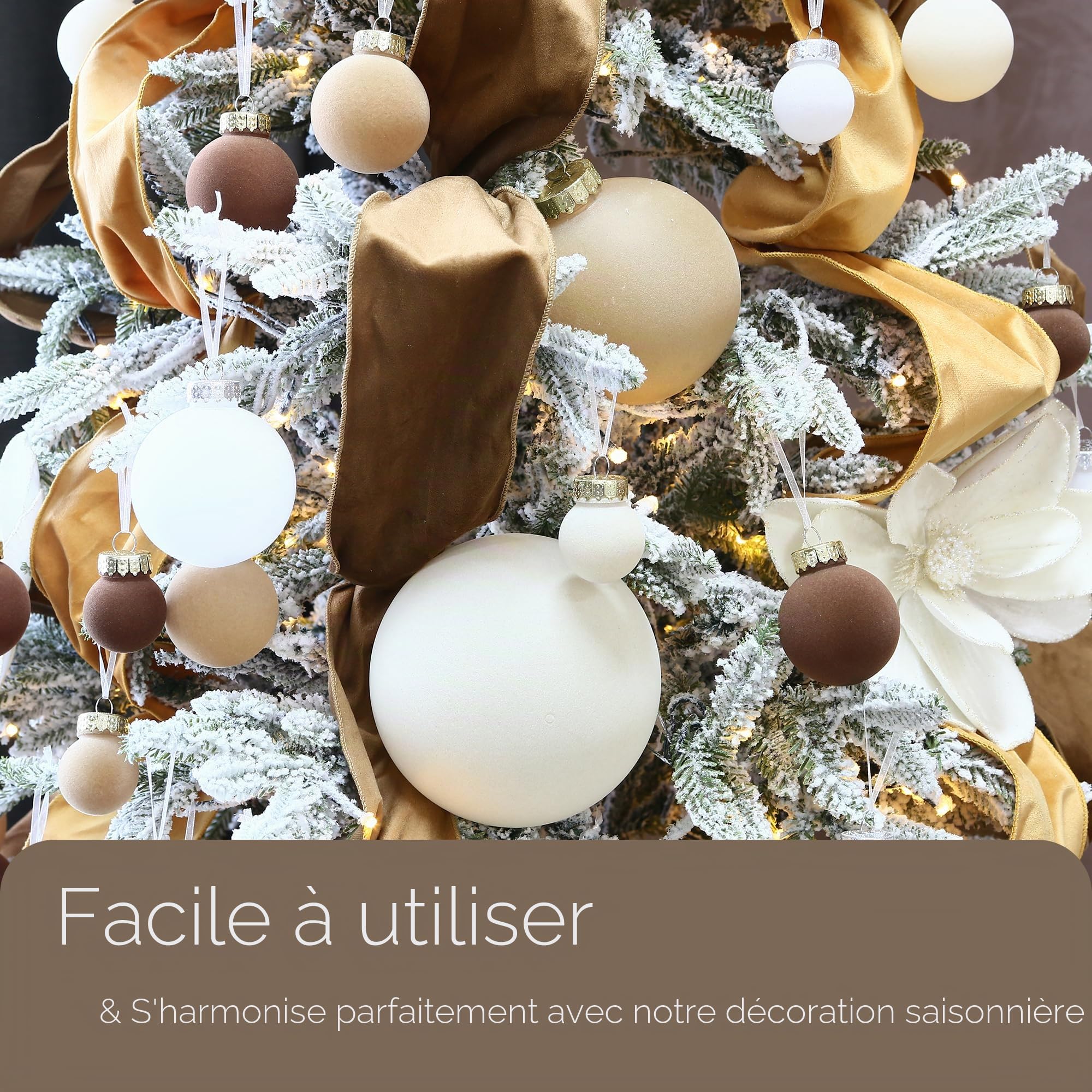 Sea Team 32 Boules Noël Velours incassables multitaille Blanc | Boules en velours floqué incassable, parfaites pour sapin, couronne, guirlande. Idéales pour Noël, mariage, fête.