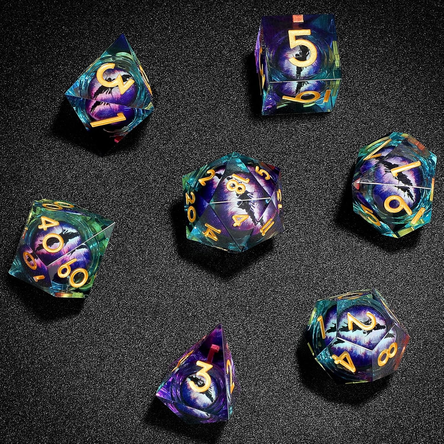 Handmade Resin Dragon Eye DND Dice Set Liquid Core Sharp Edges 7 Pieces with Gift Box for RPG Roleplaying Unique Craftsmanship (Purple-Gold)