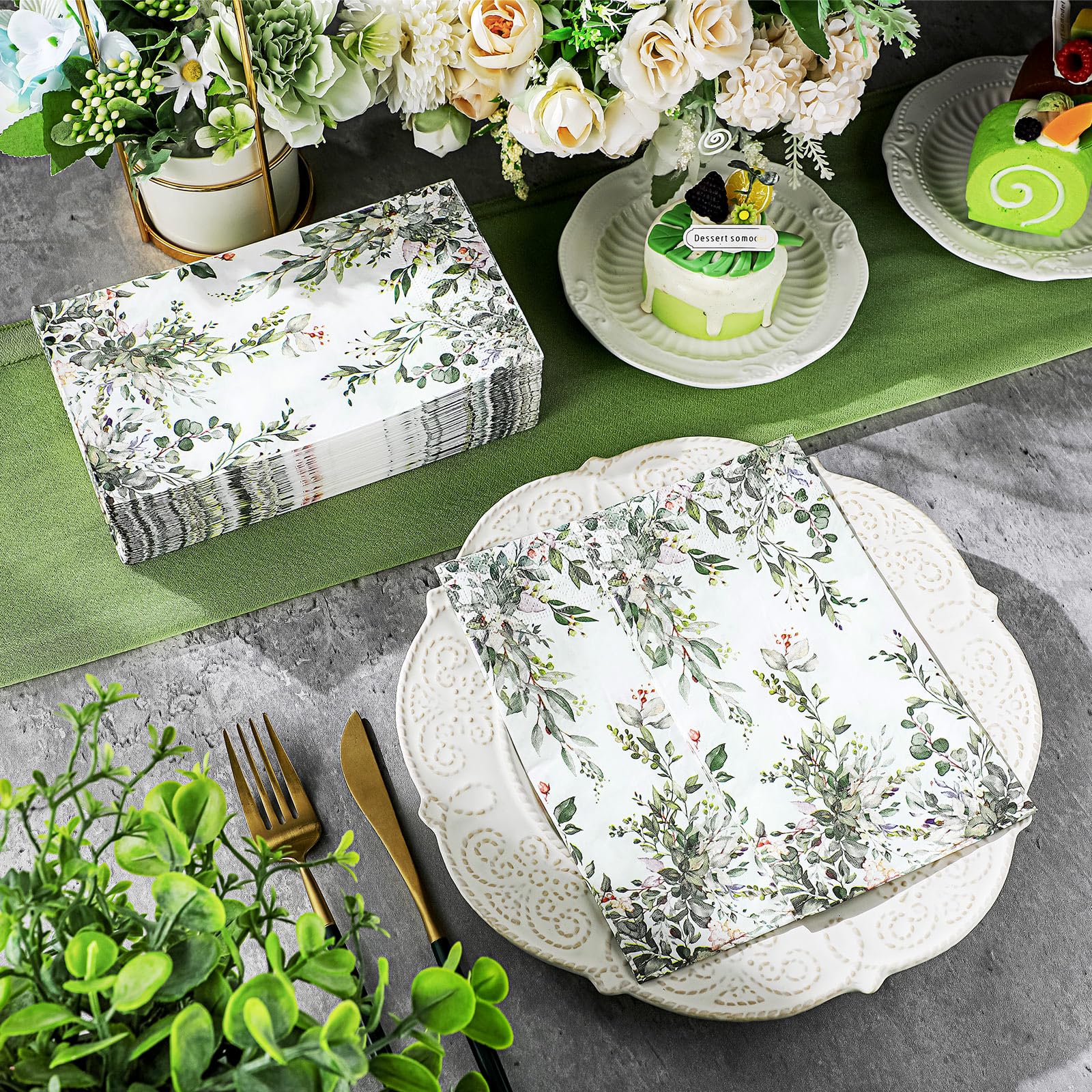 Seajan 200 servilletas de papel de hojas de eucalipto verde, toallas de mano desechables para baño, toallas de papel para invitados, servilletas decorativas para verano, novia, baby shower, boda