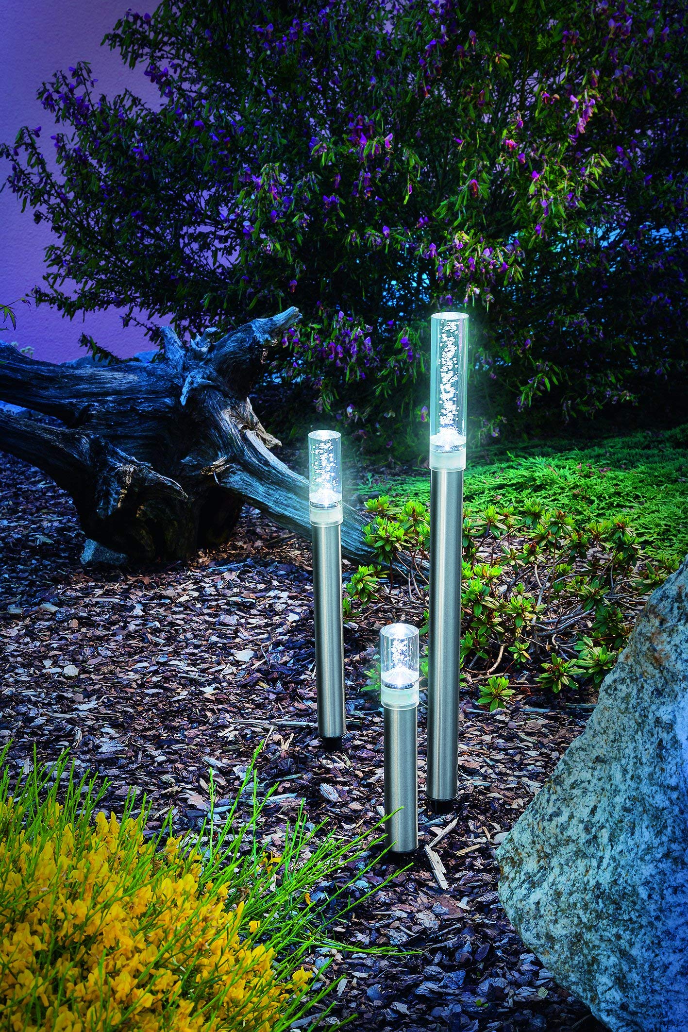Esotec Solar LED Leuchtstäbe Trio Sticks, 3er Set, Luftblasen, Akku, Gartenstecker, Außenleuchte, Wegeleuchte, Gartenleuchte, Pfostenleuchte, kaltweiß, Edelstahl, Metall, IP44, outdoor, außen, 102600