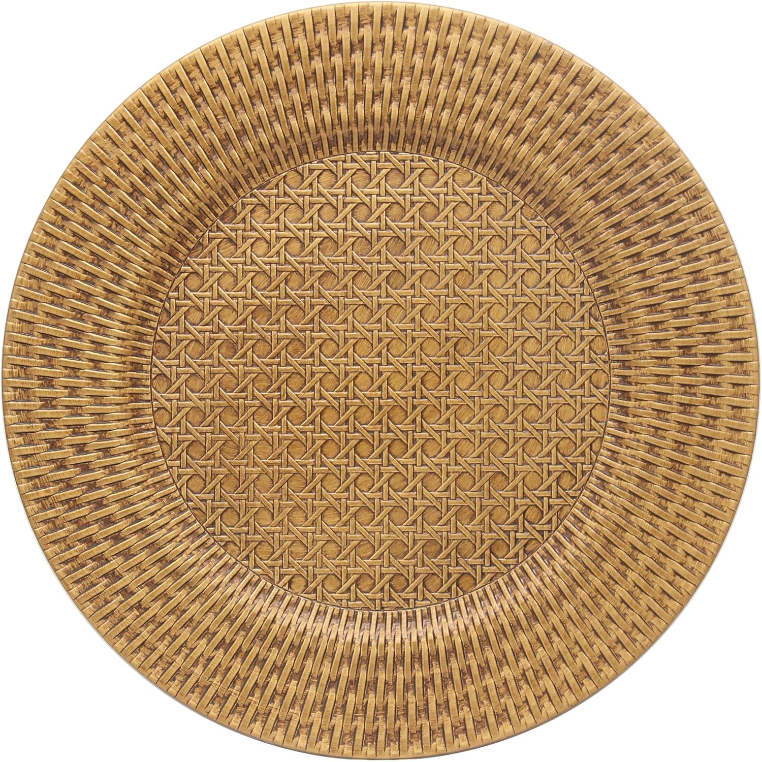 13 Inch Antique Gold Charger Plates Set of 12 Round Plastic Plates Matte Finish Faux Rattan Woven Texture Charger plates for Wedding Party Christmas (537BR)