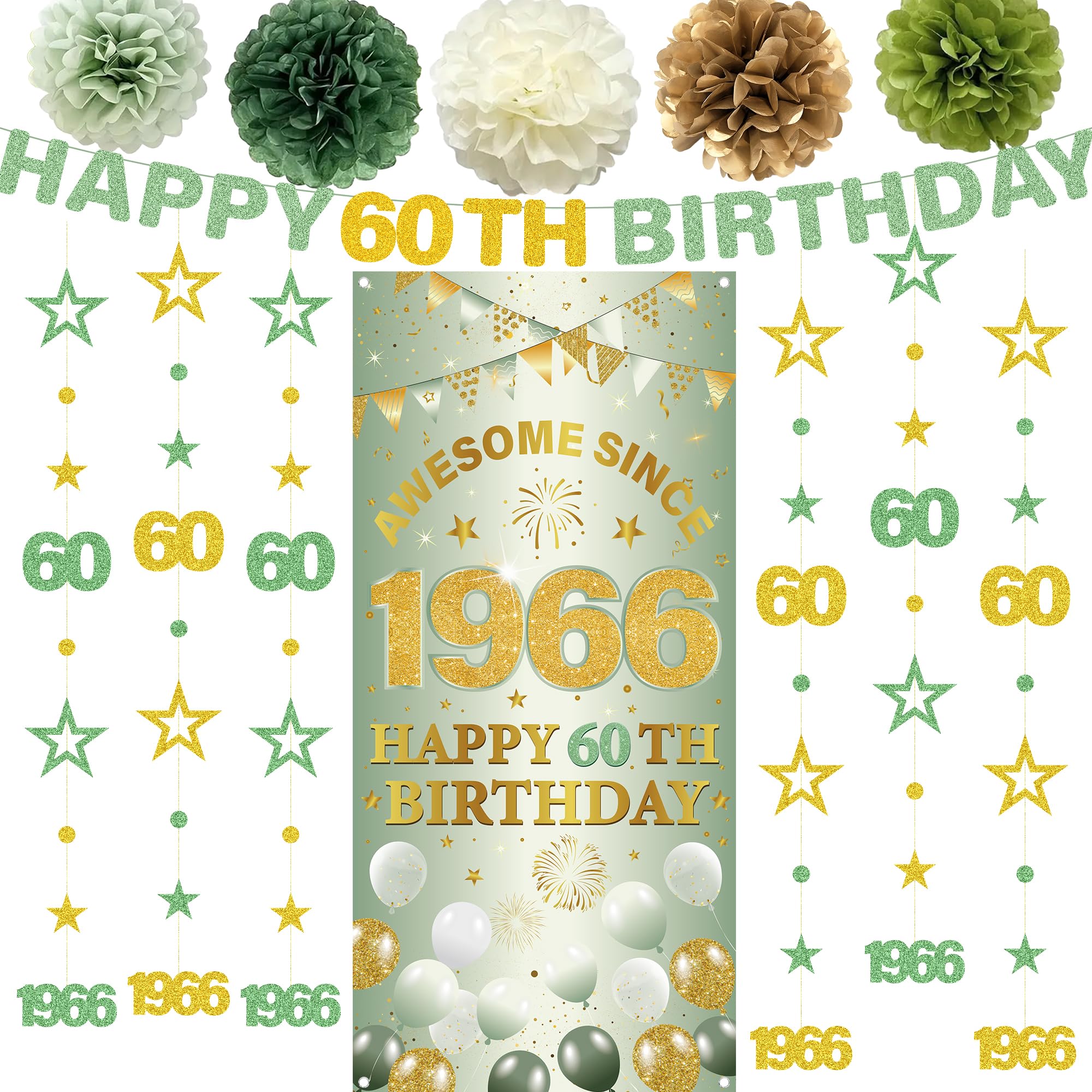 60th Birthday Decorations Banner Women - 13 Pcs Green Gold Awesome Since 1966 Banners Number 60 Circle Dot Twinkle Star Garland Pompoms for Happy Sixty Year Old Party Supplies Decor