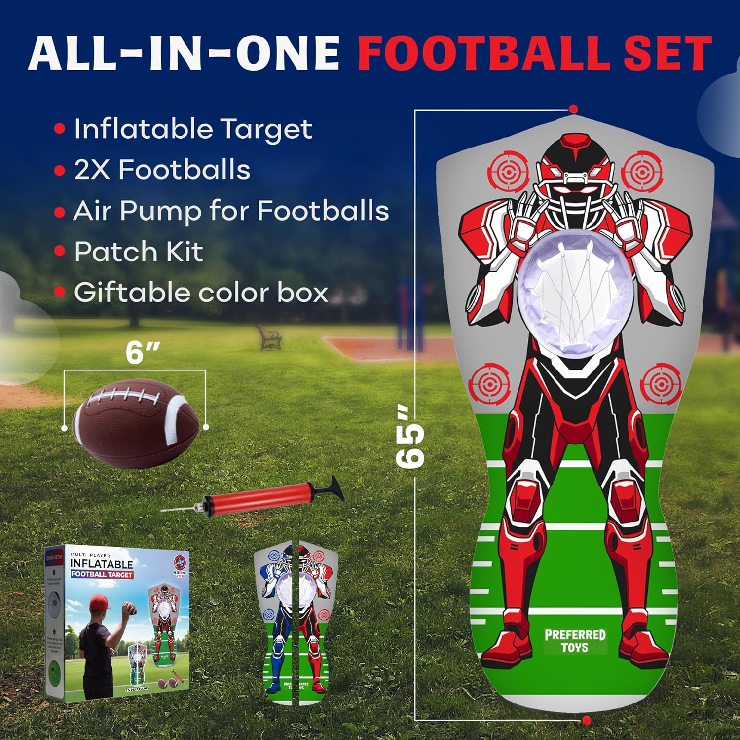 Preferred Toys 65” Inflatable Football Target Net Toss Game - Double-Sided Throwing Practice Football Stuff with Mini Balls - Backyard Tailgate Party Sports Toy for Kids & Adults